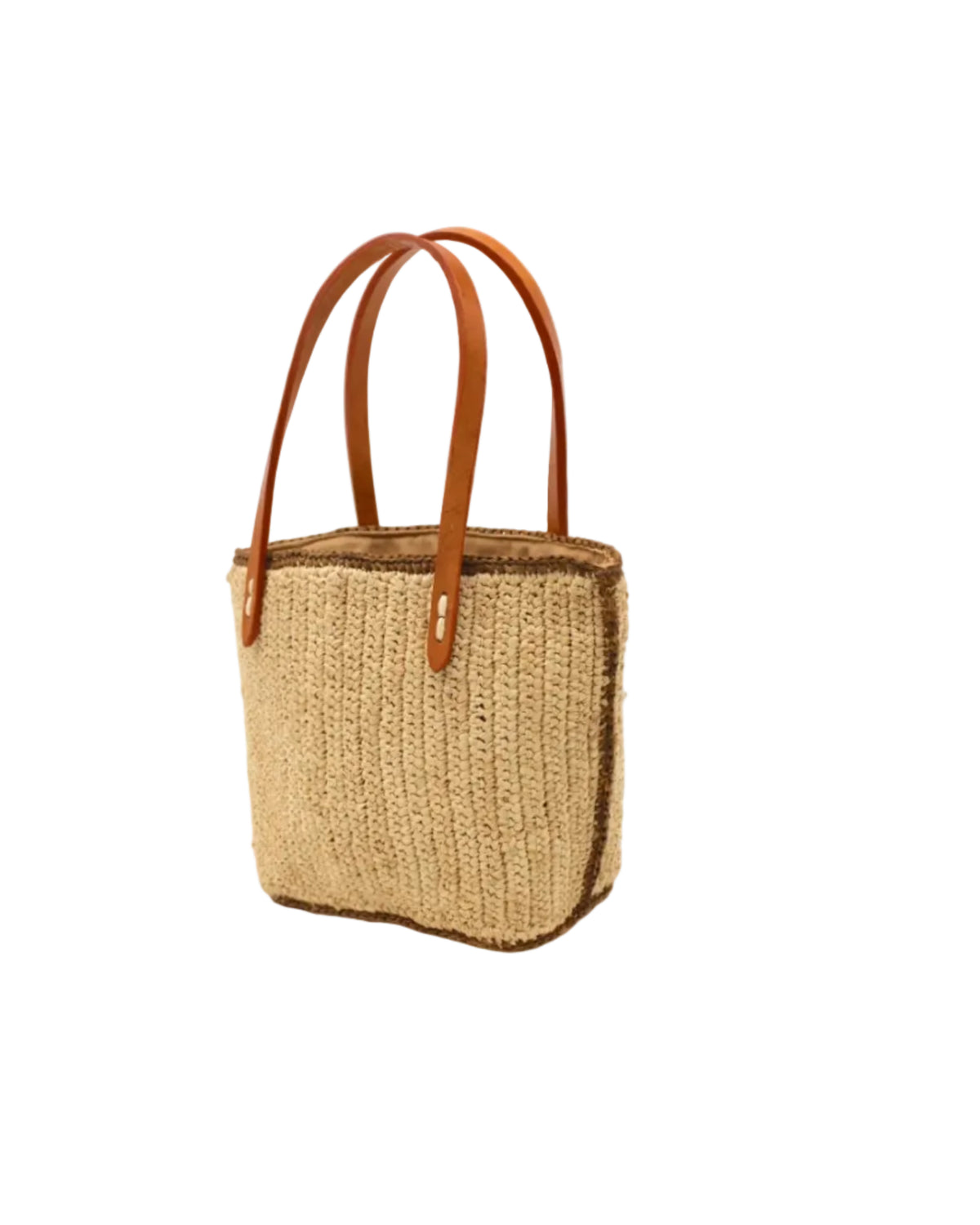 Side view Adele Mini Crochet Raffia Straw Handbag Purse with Colored Edge Natural & Tobacco handmade crochet raffia palm fiber in a solid hue of natural straw color with contrasting narrow band of tobacco dark/cinnamon/brown around the outer edges of the bag with subtle vertical band texture and leather handles - Shebobo