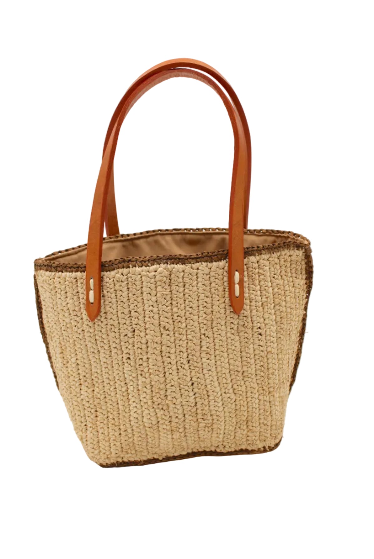 Adele Mini Crochet Raffia Straw Handbag Purse with Colored Edge Natural & Tobacco handmade crochet raffia palm fiber in a solid hue of natural straw color with contrasting narrow band of tobacco dark/cinnamon/brown around the outer edges of the bag with subtle vertical band texture and leather handles - Shebobo