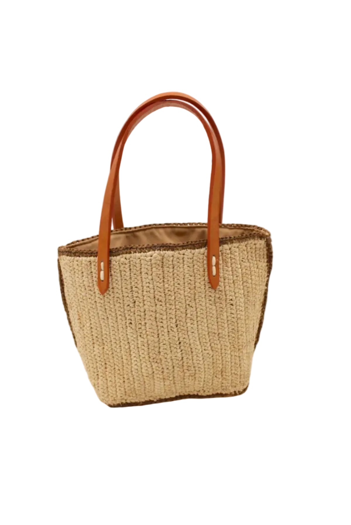 Adele Mini Crochet Raffia Straw Handbag Purse with Colored Edge Natural & Tobacco handmade crochet raffia palm fiber in a solid hue of natural straw color with contrasting narrow band of tobacco dark/cinnamon/brown around the outer edges of the bag with subtle vertical band texture and leather handles - Shebobo