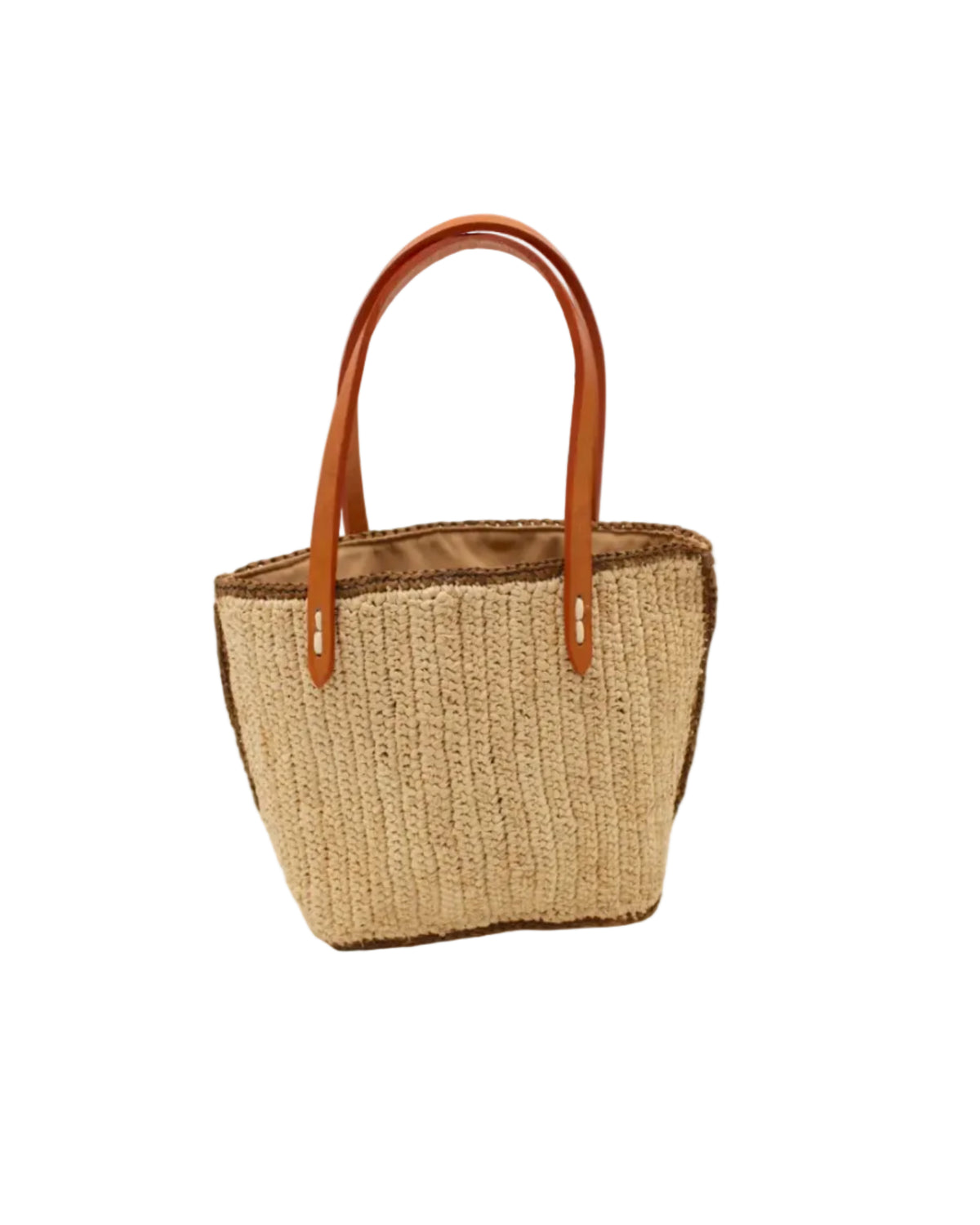 Adele Mini Crochet Raffia Straw Handbag Purse with Colored Edge Natural & Tobacco handmade crochet raffia palm fiber in a solid hue of natural straw color with contrasting narrow band of tobacco dark/cinnamon/brown around the outer edges of the bag with subtle vertical band texture and leather handles - Shebobo