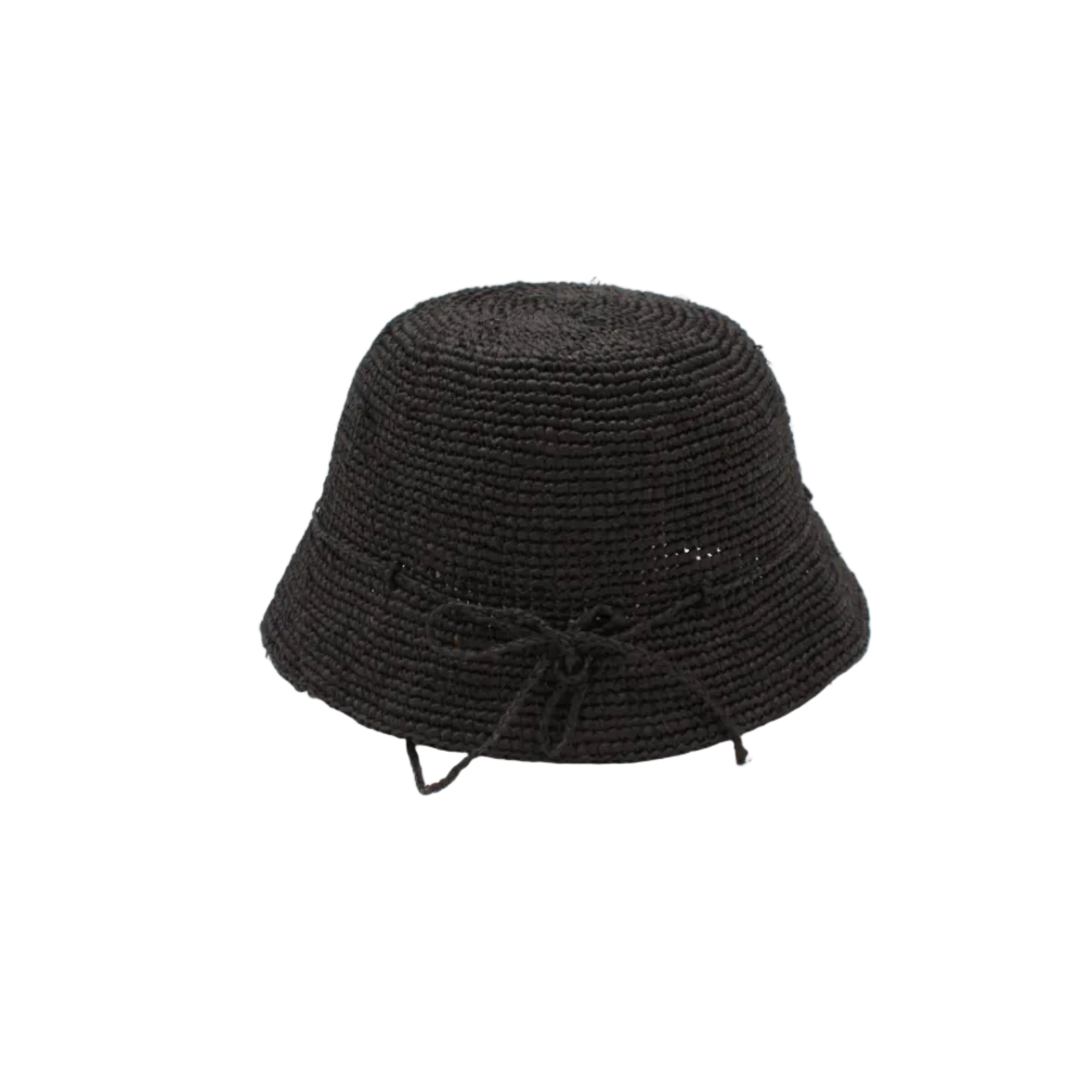 Ali 2" Brim Crochet Bucket Raffia Straw Hats handmade natural raffia palm fiber in a subtle crochet link texture spiraling out from the top crown of the hat to the edge of the brim in a solid hue of black with matching braided adjustable hat band sun hat - Shebobo