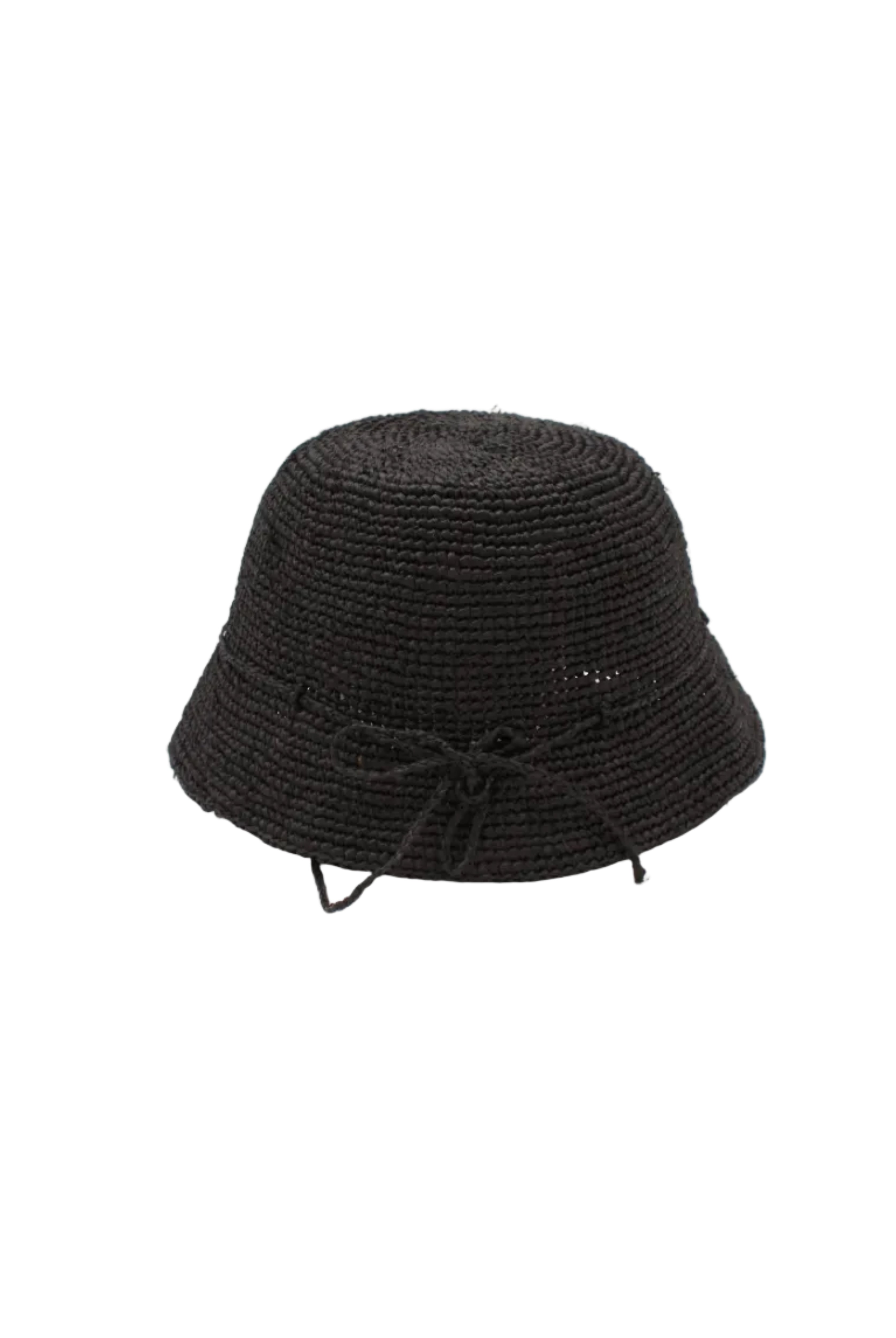 Ali 2" Brim Crochet Bucket Raffia Straw Hats handmade natural raffia palm fiber in a subtle crochet link texture spiraling out from the top crown of the hat to the edge of the brim in a solid hue of black with matching braided adjustable hat band sun hat - Shebobo