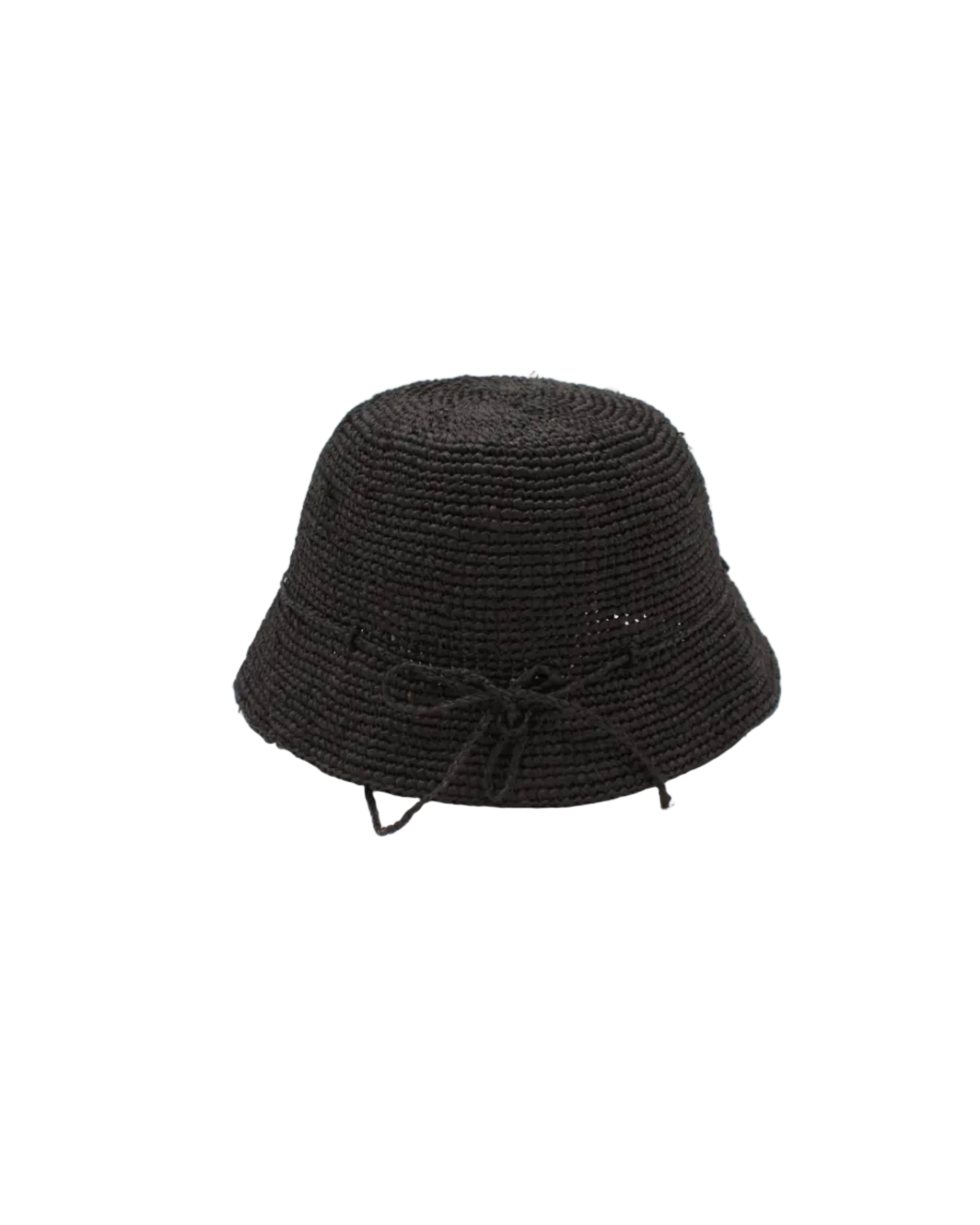 Ali 2" Brim Crochet Bucket Raffia Straw Hats handmade natural raffia palm fiber in a subtle crochet link texture spiraling out from the top crown of the hat to the edge of the brim in a solid hue of black with matching braided adjustable hat band sun hat - Shebobo
