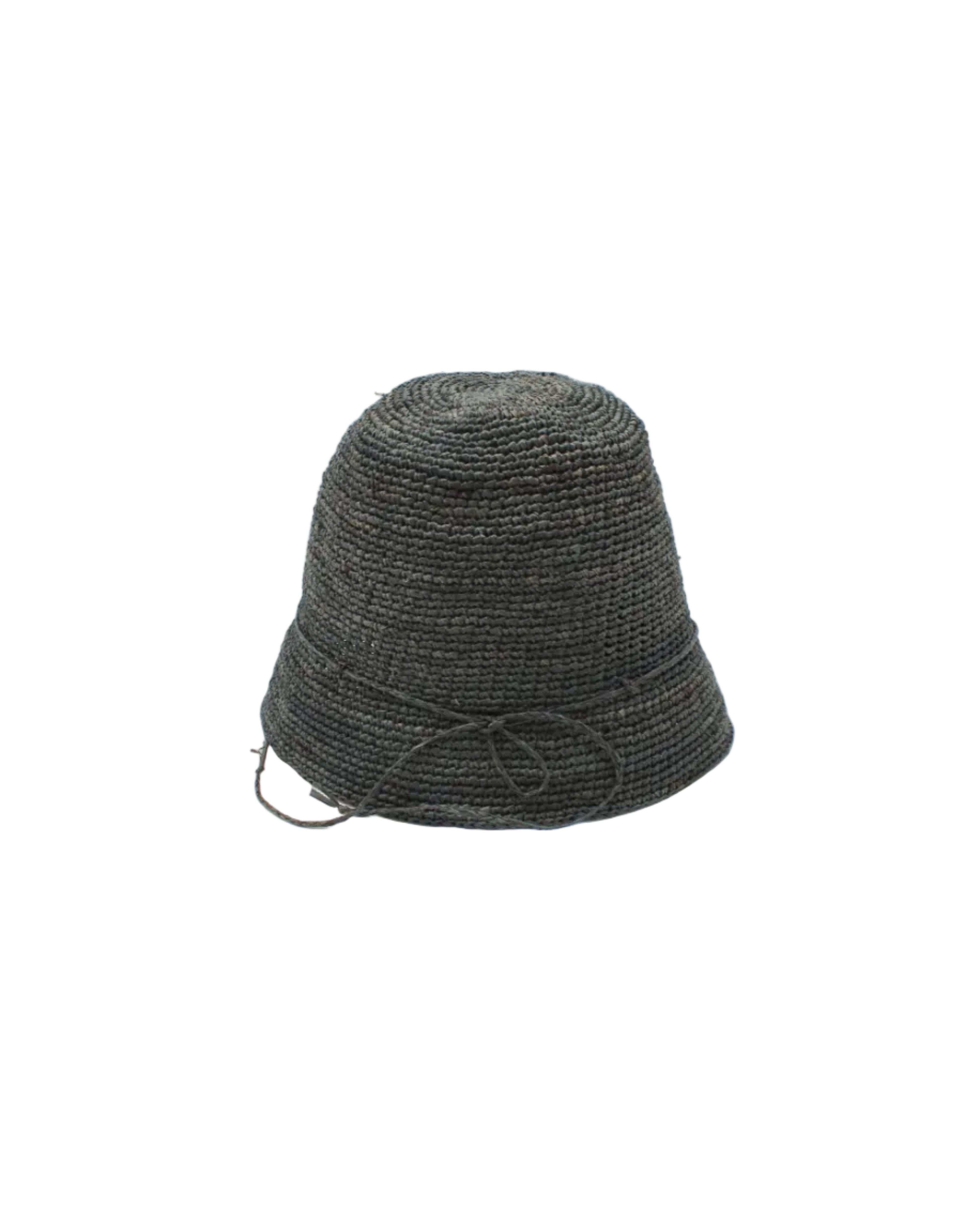 Ali 2" Brim Crochet Bucket Raffia Straw Hats handmade natural raffia palm fiber in a subtle crochet link texture spiraling out from the top crown of the hat to the edge of the brim in a solid hue of gray with matching braided adjustable hat band sun hat - Shebobo