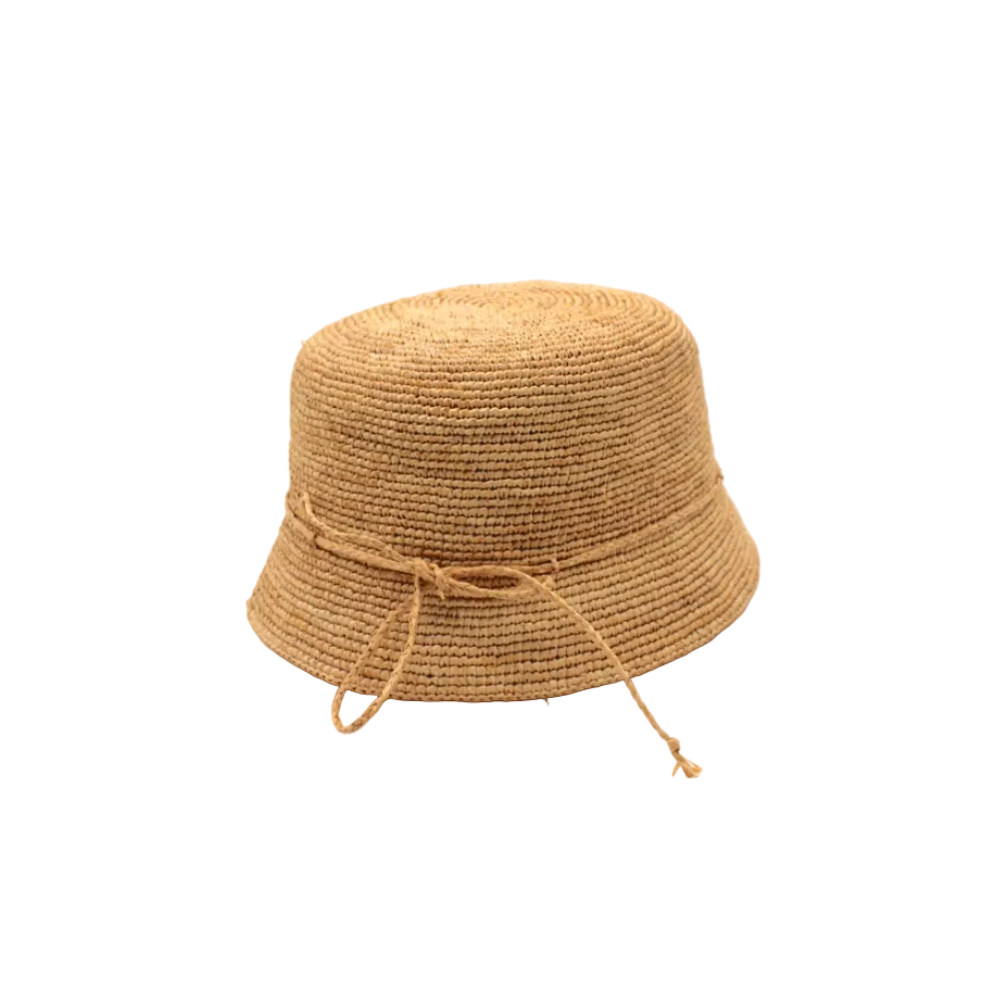 Ali 2" Brim Crochet Bucket Raffia Straw Hats handmade natural raffia palm fiber in a subtle crochet link texture spiraling out from the top crown of the hat to the edge of the brim in a solid hue of natural straw color with matching braided adjustable hat band sun hat - Shebobo