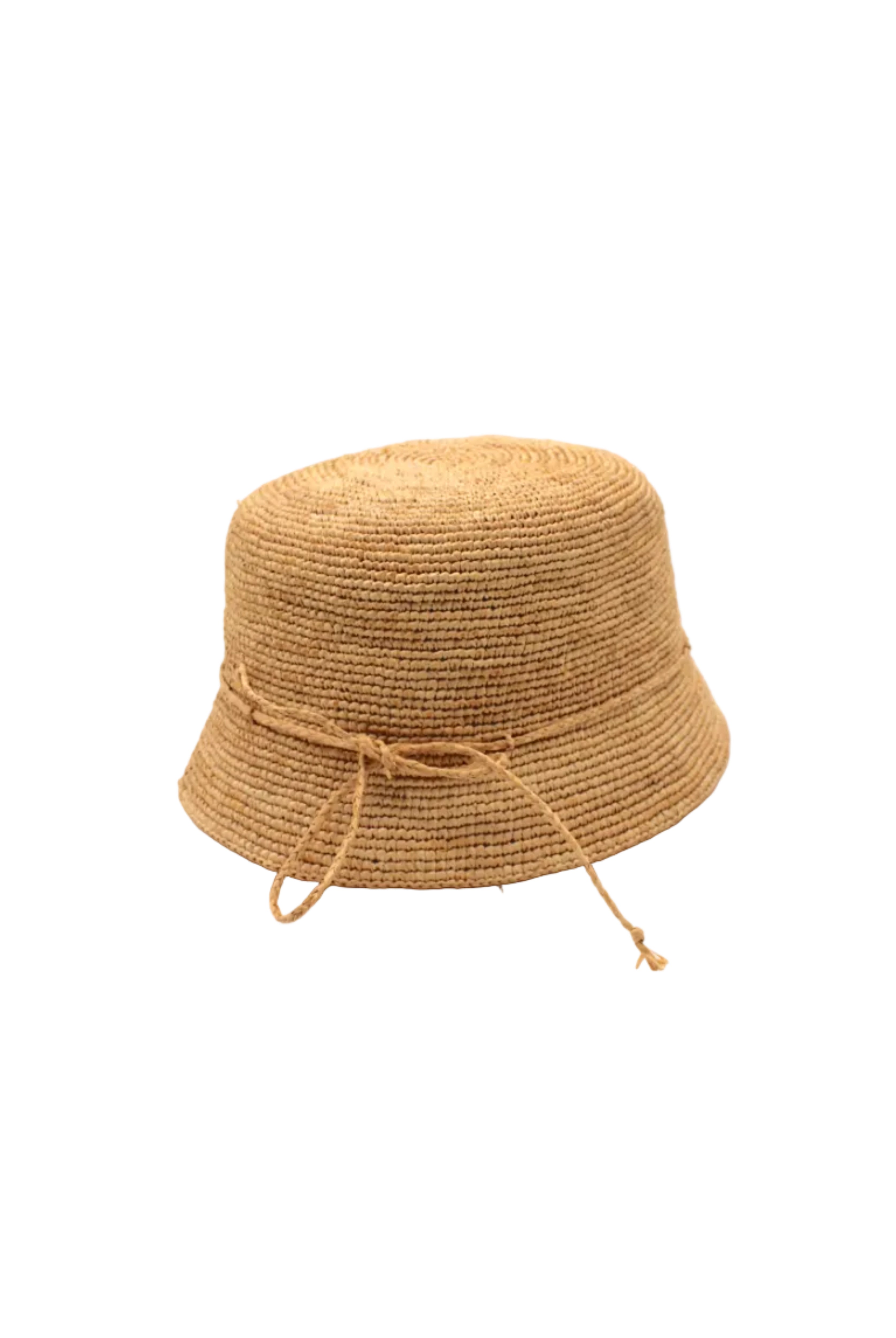 Ali 2" Brim Crochet Bucket Raffia Straw Hats handmade natural raffia palm fiber in a subtle crochet link texture spiraling out from the top crown of the hat to the edge of the brim in a solid hue of natural straw color with matching braided adjustable hat band sun hat - Shebobo