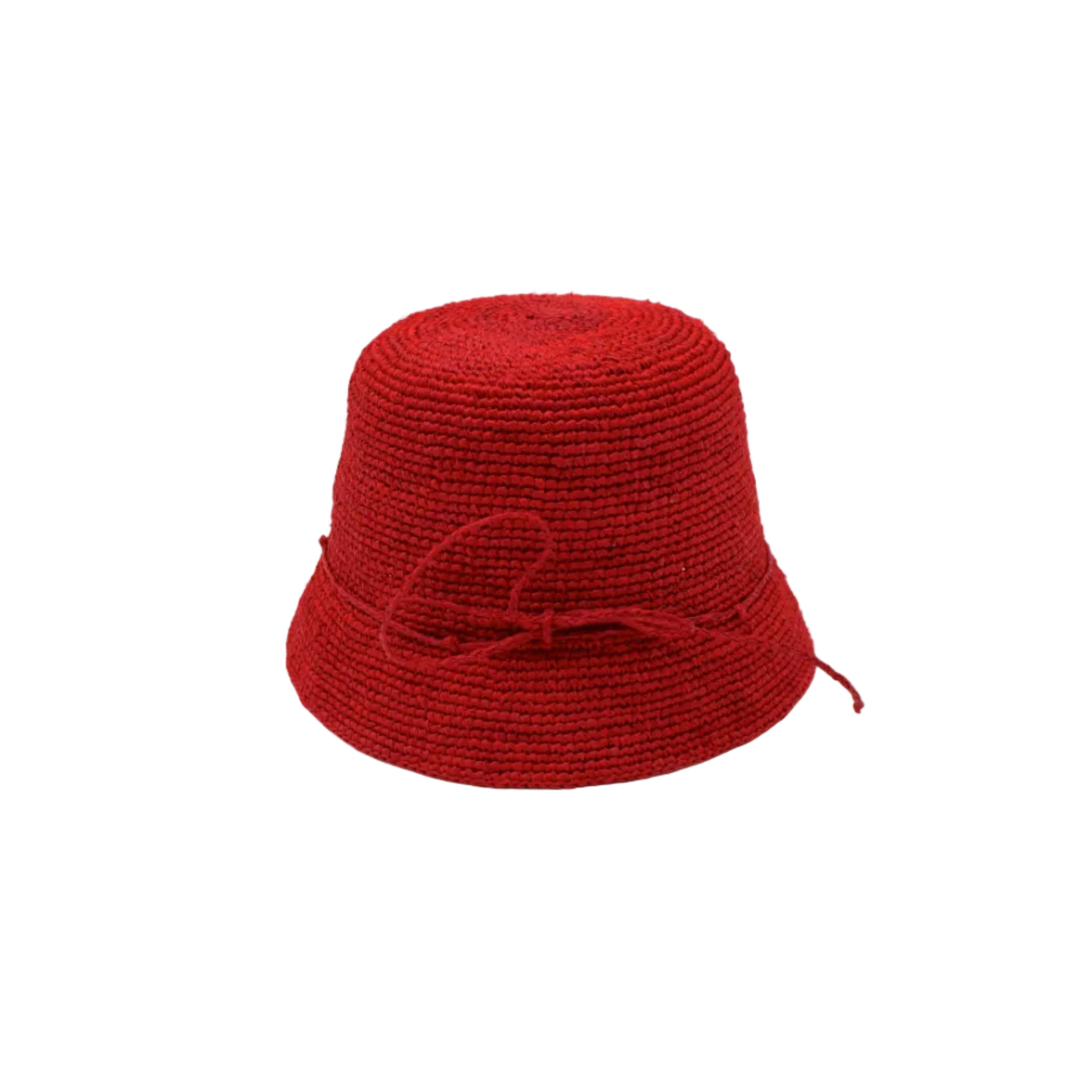 Ali 2" Brim Crochet Bucket Raffia Straw Hats handmade natural raffia palm fiber in a subtle crochet link texture spiraling out from the top crown of the hat to the edge of the brim in a solid hue of red with matching braided adjustable hat band sun hat - Shebobo