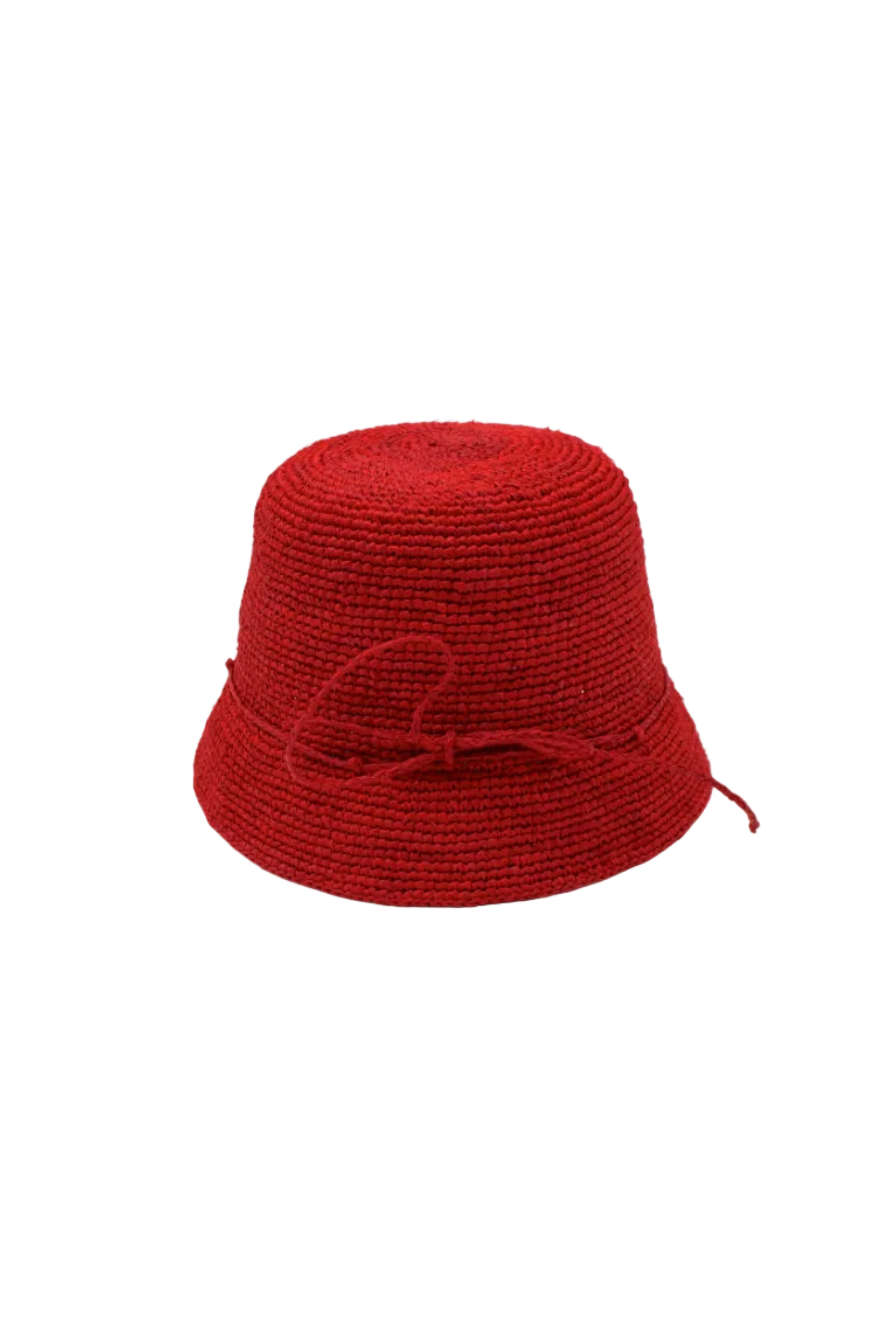 Ali 2" Brim Crochet Bucket Raffia Straw Hats handmade natural raffia palm fiber in a subtle crochet link texture spiraling out from the top crown of the hat to the edge of the brim in a solid hue of red with matching braided adjustable hat band sun hat - Shebobo
