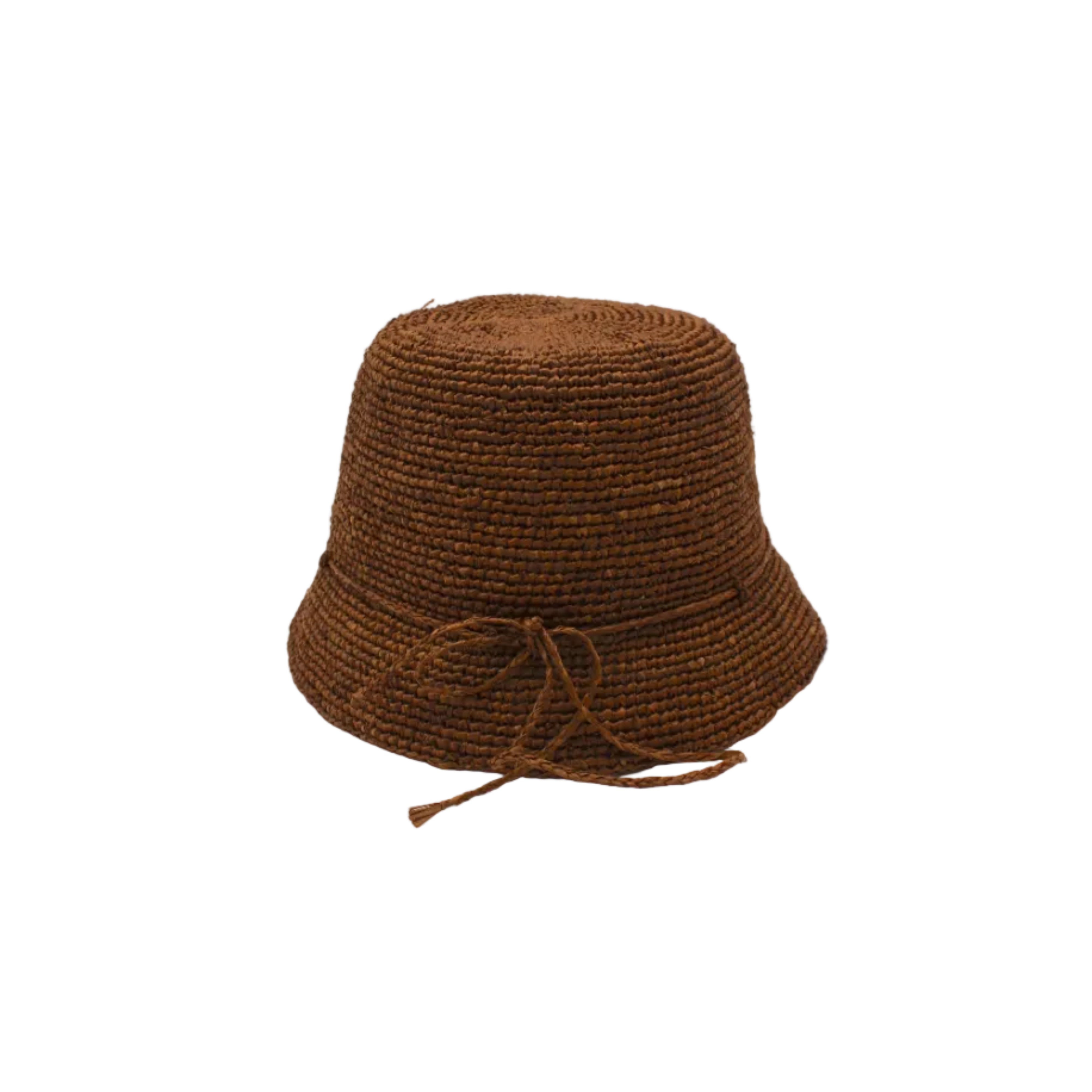 Ali 2" Brim Crochet Bucket Raffia Straw Hats handmade natural raffia palm fiber in a subtle crochet link texture spiraling out from the top crown of the hat to the edge of the brim in a solid hue of tobacco cinnamon/dark/brown with matching braided adjustable hat band sun hat - Shebobo