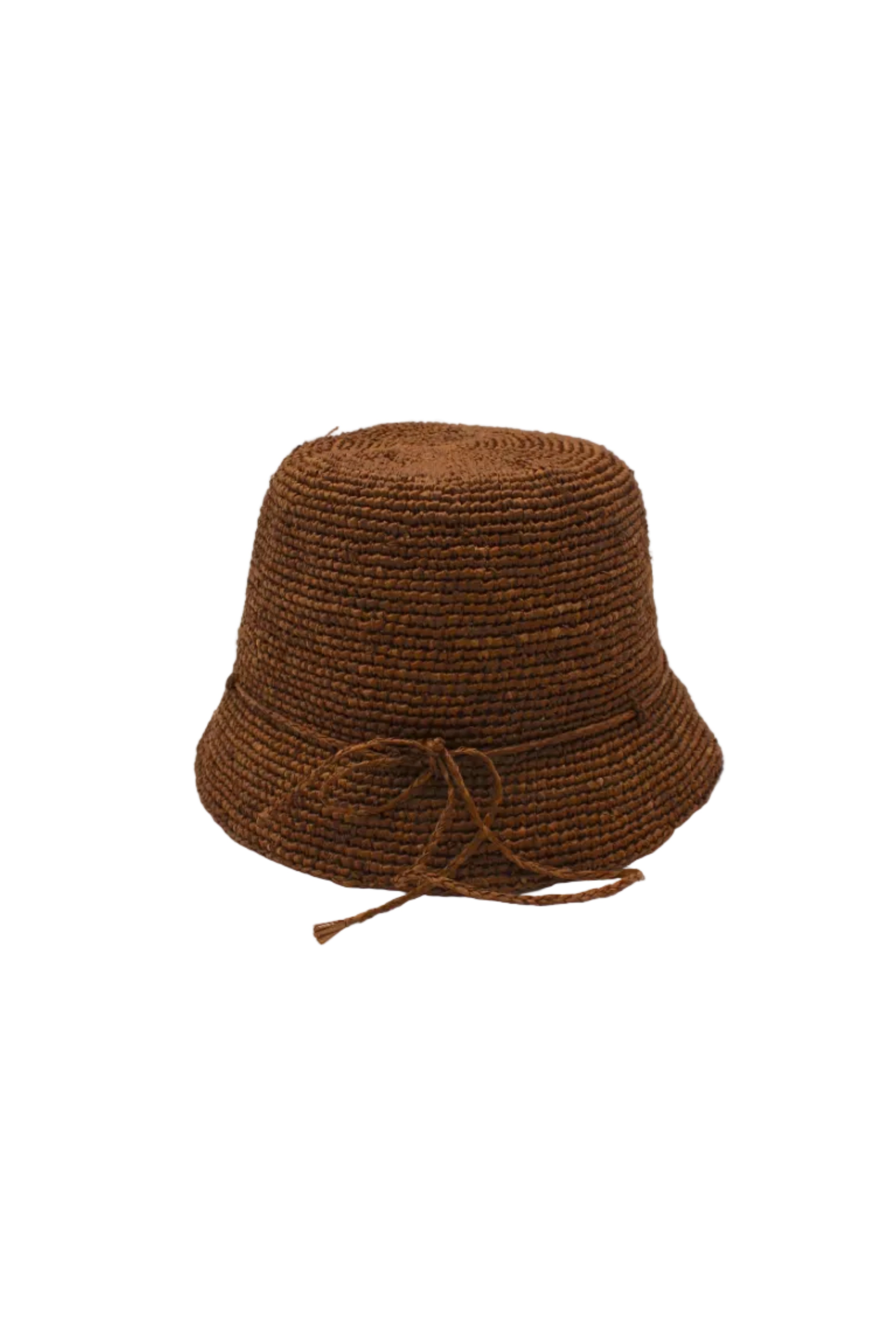 Ali 2" Brim Crochet Bucket Raffia Straw Hats handmade natural raffia palm fiber in a subtle crochet link texture spiraling out from the top crown of the hat to the edge of the brim in a solid hue of tobacco cinnamon/dark/brown with matching braided adjustable hat band sun hat - Shebobo