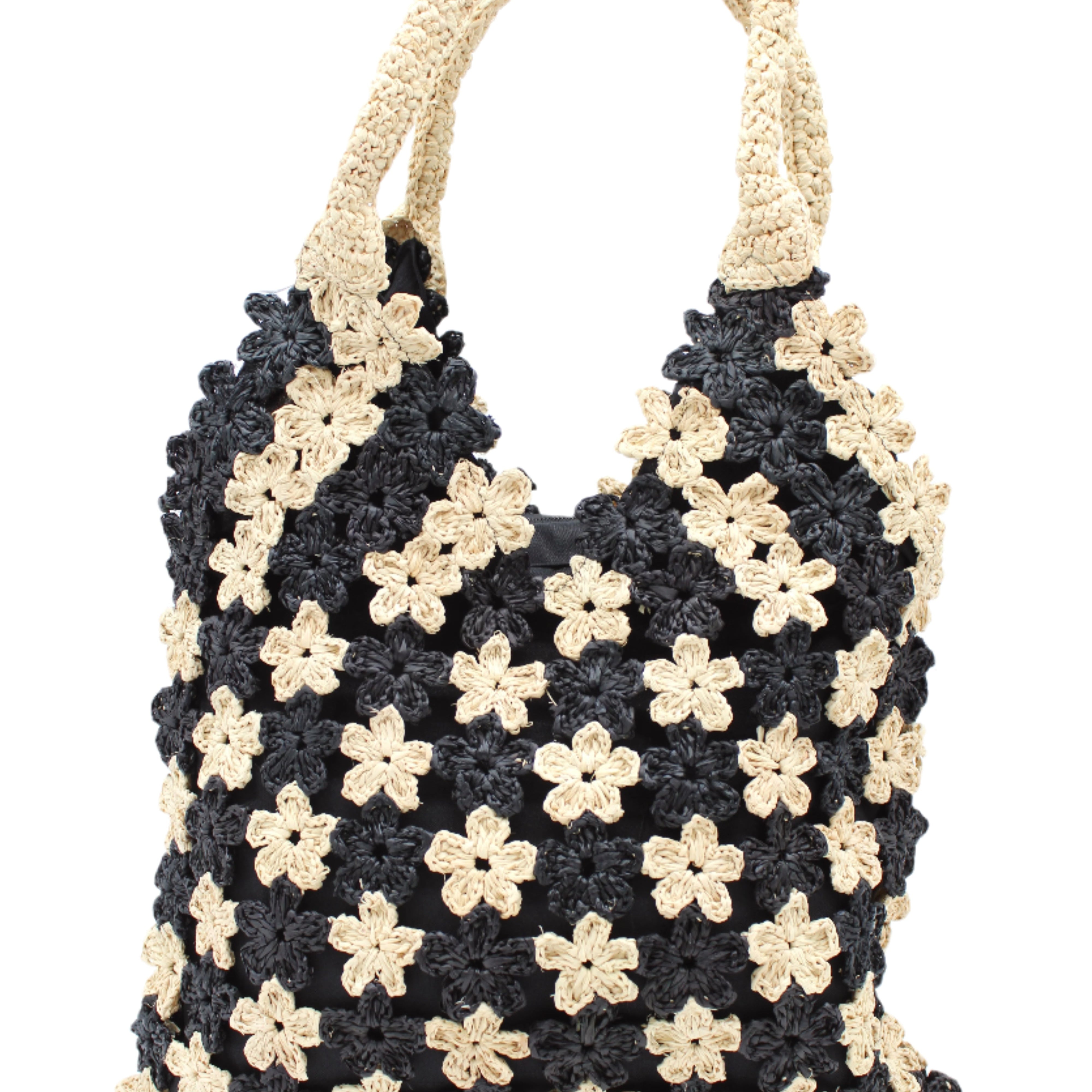 Amalie Two Tone Daisy Flower Crochet Straw Handbag handmade crochet mini flower buds from crochet natural raffia palm fiber in an alternating colored pattern of black and natural straw color with black internal liner and natural woven handles purse - Shebobo