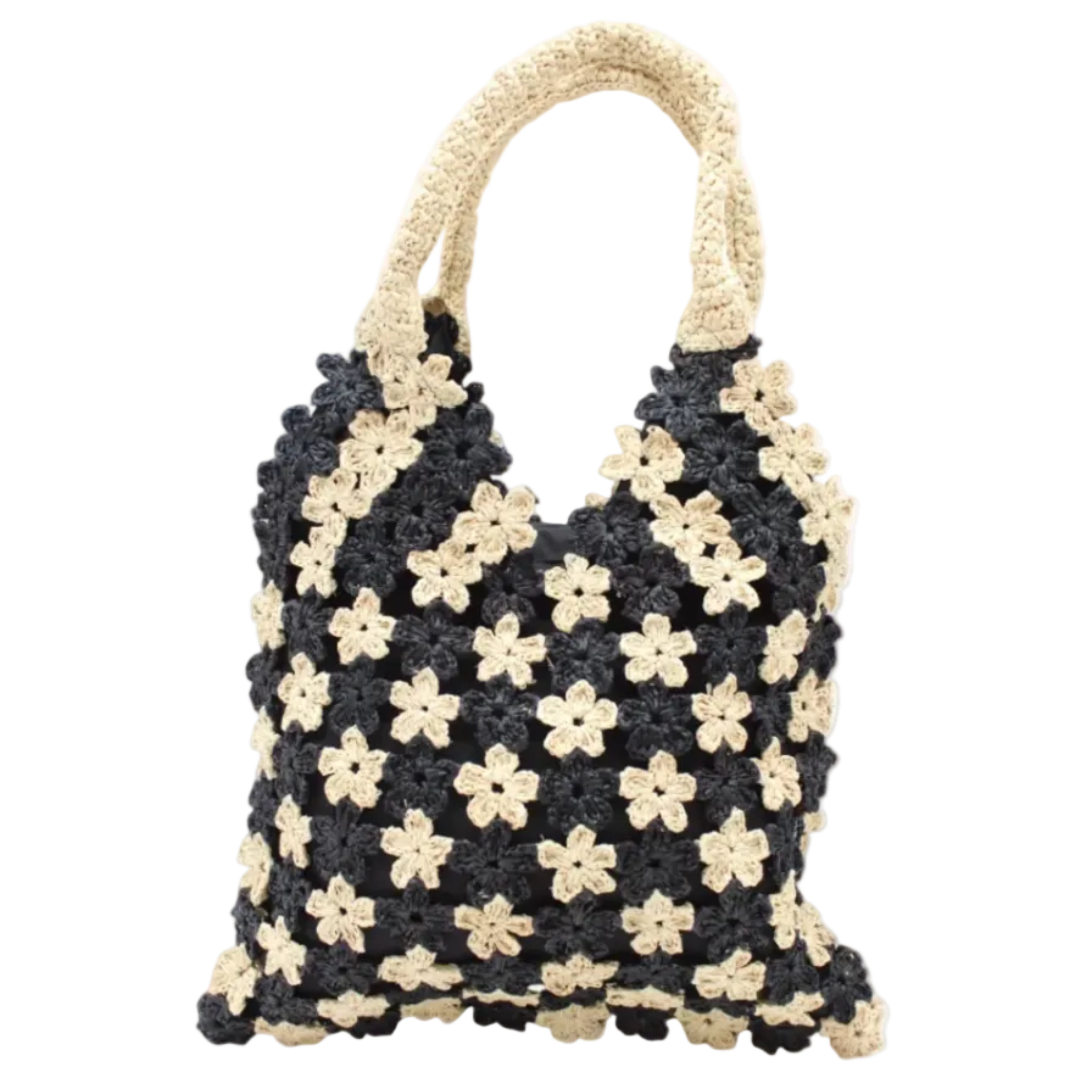 Amalie Two Tone Daisy Flower Crochet Straw Handbag handmade crochet mini flower buds from crochet natural raffia palm fiber in an alternating colored pattern of black and natural straw color with black internal liner and natural woven handles purse - Shebobo