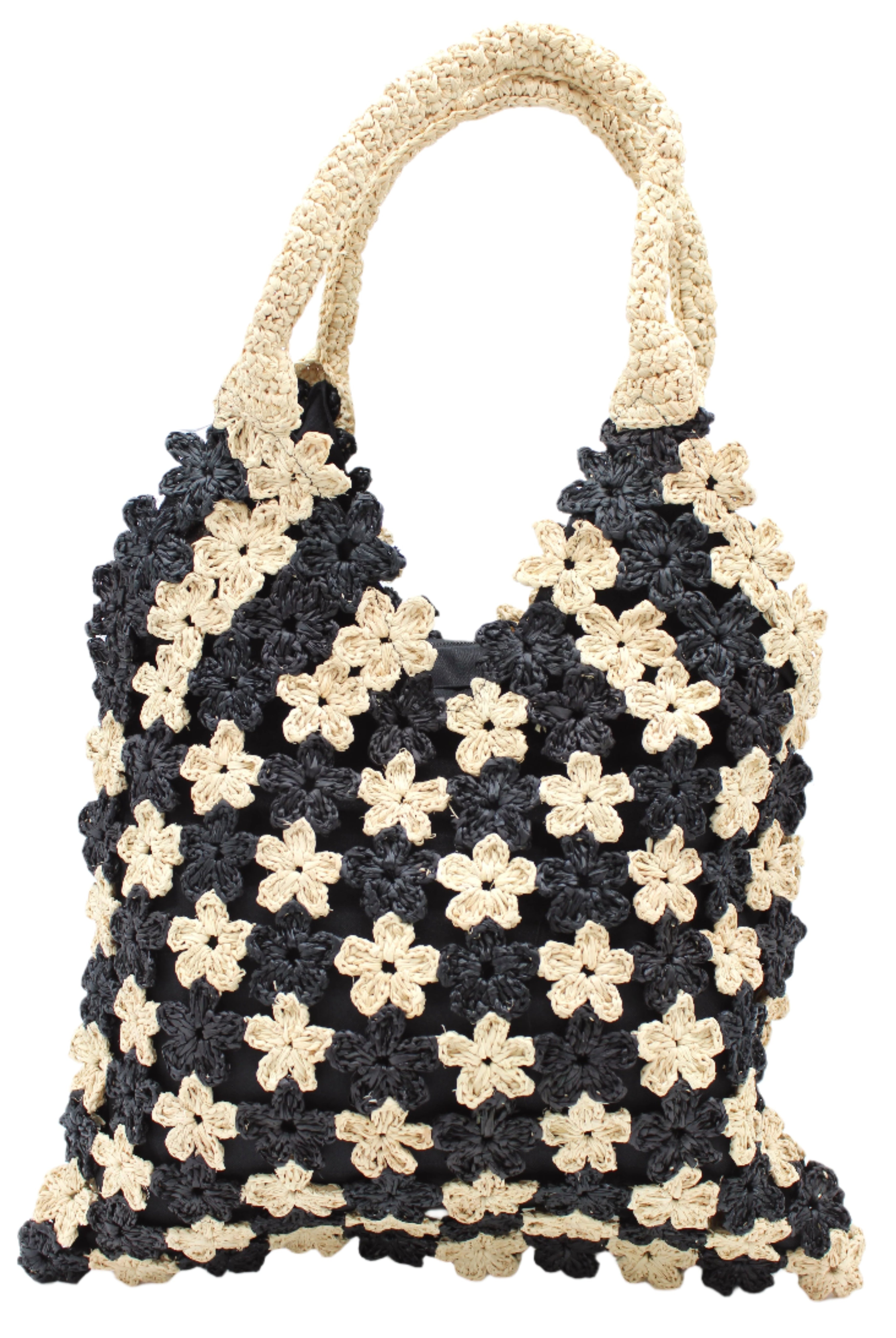 Amalie Two Tone Daisy Flower Crochet Straw Handbag handmade crochet mini flower buds from crochet natural raffia palm fiber in an alternating colored pattern of black and natural straw color with black internal liner and natural woven handles purse - Shebobo