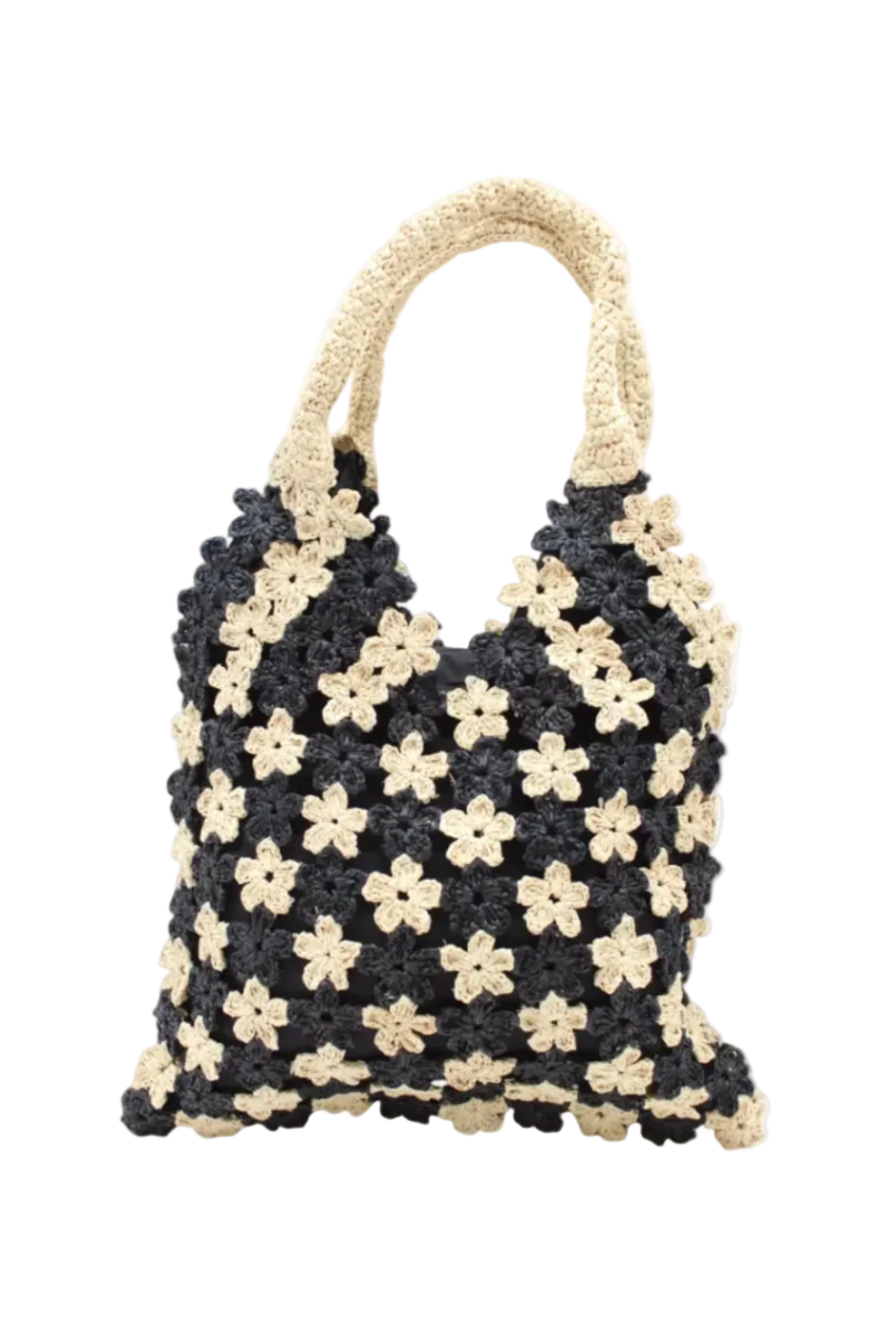 Amalie Two Tone Daisy Flower Crochet Straw Handbag handmade crochet mini flower buds from crochet natural raffia palm fiber in an alternating colored pattern of black and natural straw color with black internal liner and natural woven handles purse - Shebobo
