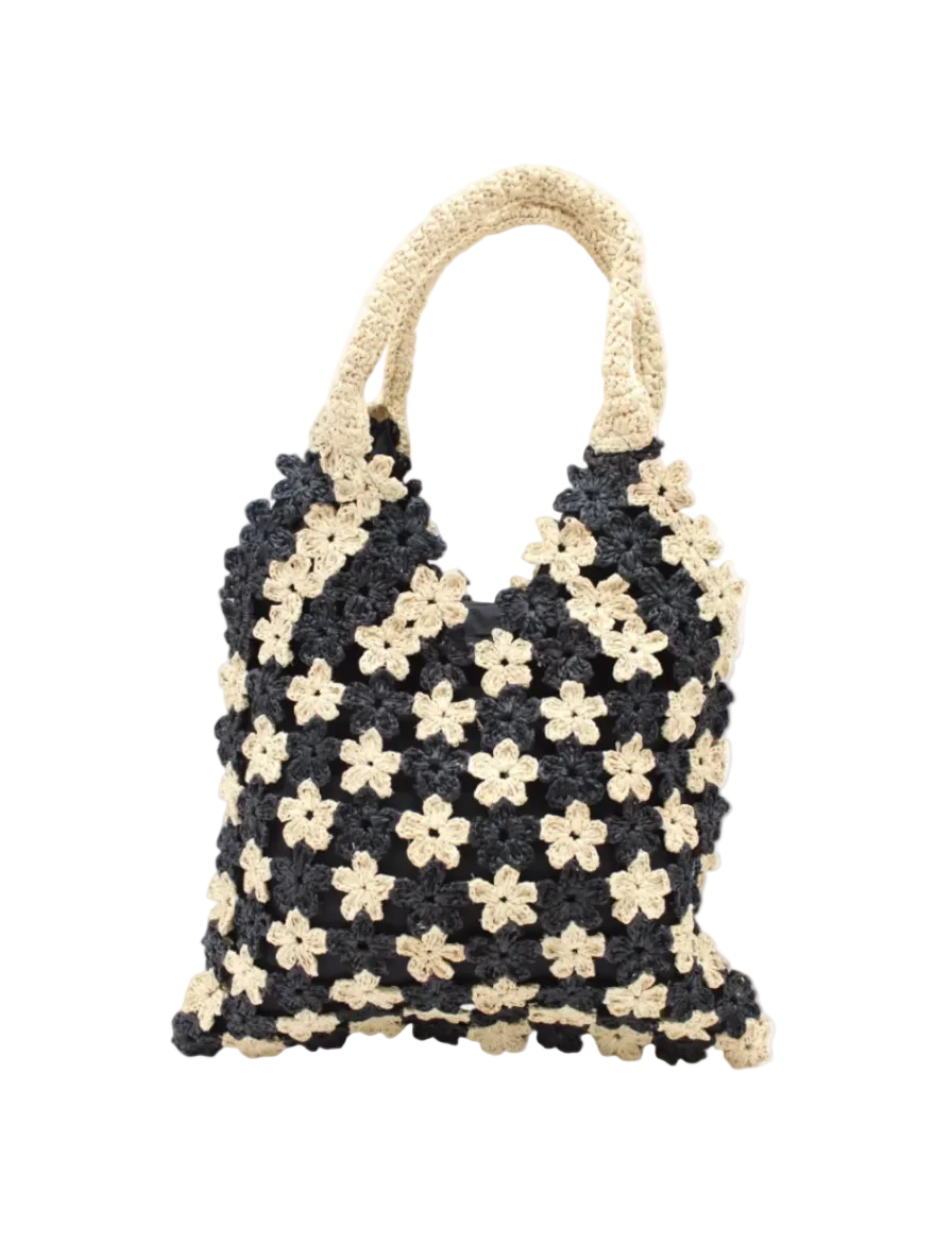 Amalie Two Tone Daisy Flower Crochet Straw Handbag handmade crochet mini flower buds from crochet natural raffia palm fiber in an alternating colored pattern of black and natural straw color with black internal liner and natural woven handles purse - Shebobo