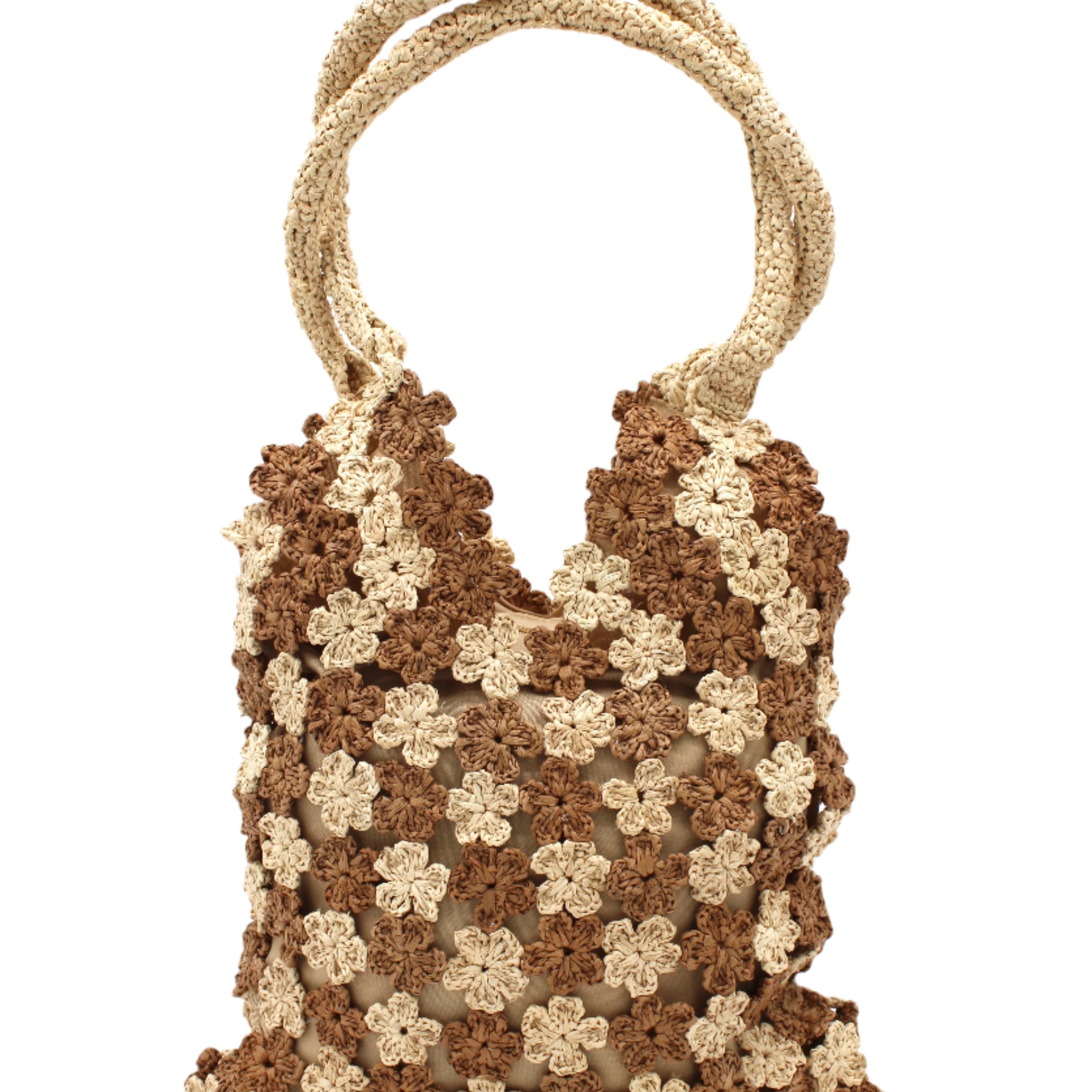 Amalie Two Tone Daisy Flower Crochet Straw Handbag handmade crochet mini flower buds from crochet natural raffia palm fiber in an alternating colored pattern of cappuccino tea/light/brown and natural straw color with brown internal liner and natural woven handles purse - Shebobo