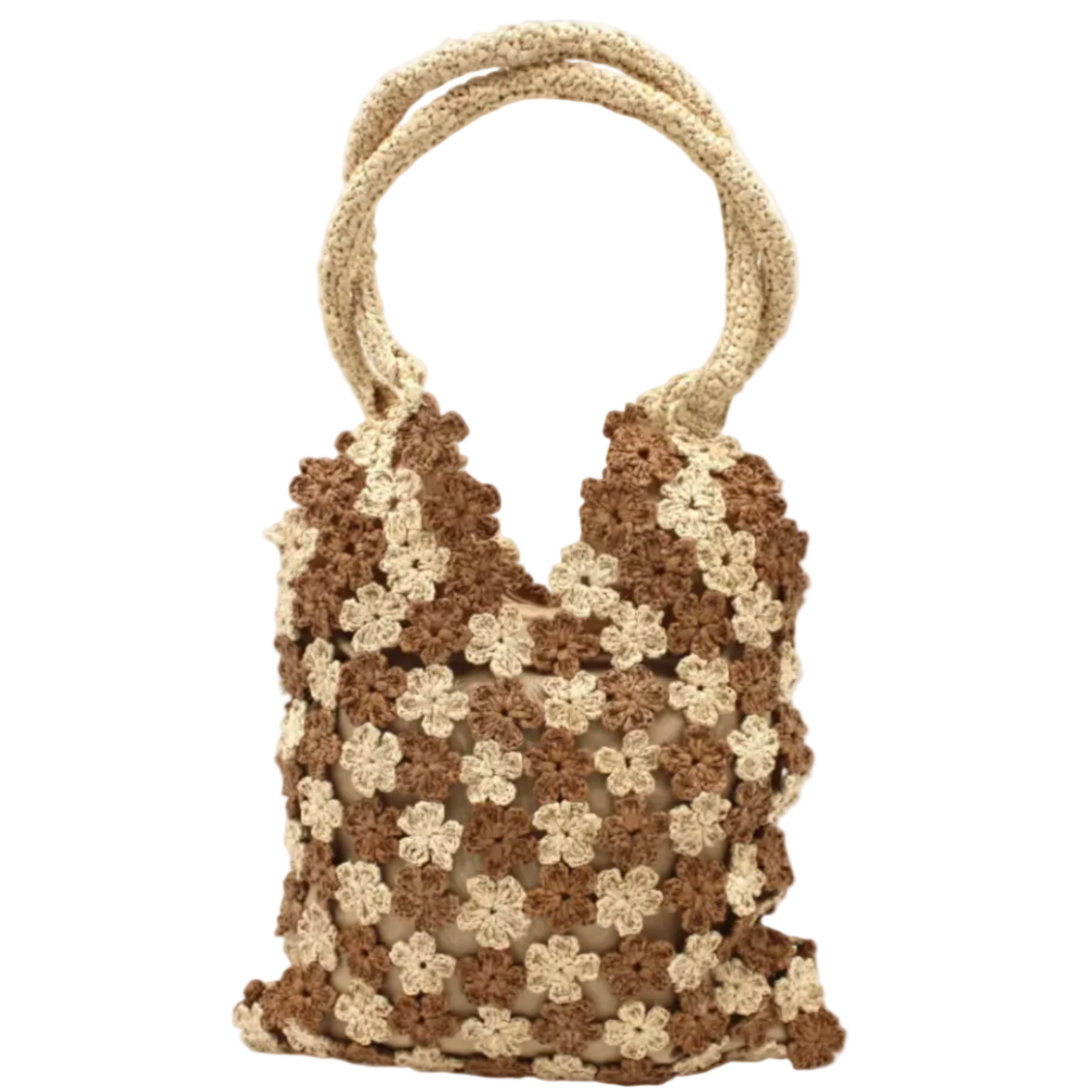 Amalie Two Tone Daisy Flower Crochet Straw Handbag handmade crochet mini flower buds from crochet natural raffia palm fiber in an alternating colored pattern of cappuccino tea/light/brown and natural straw color with brown internal liner and natural woven handles purse - Shebobo