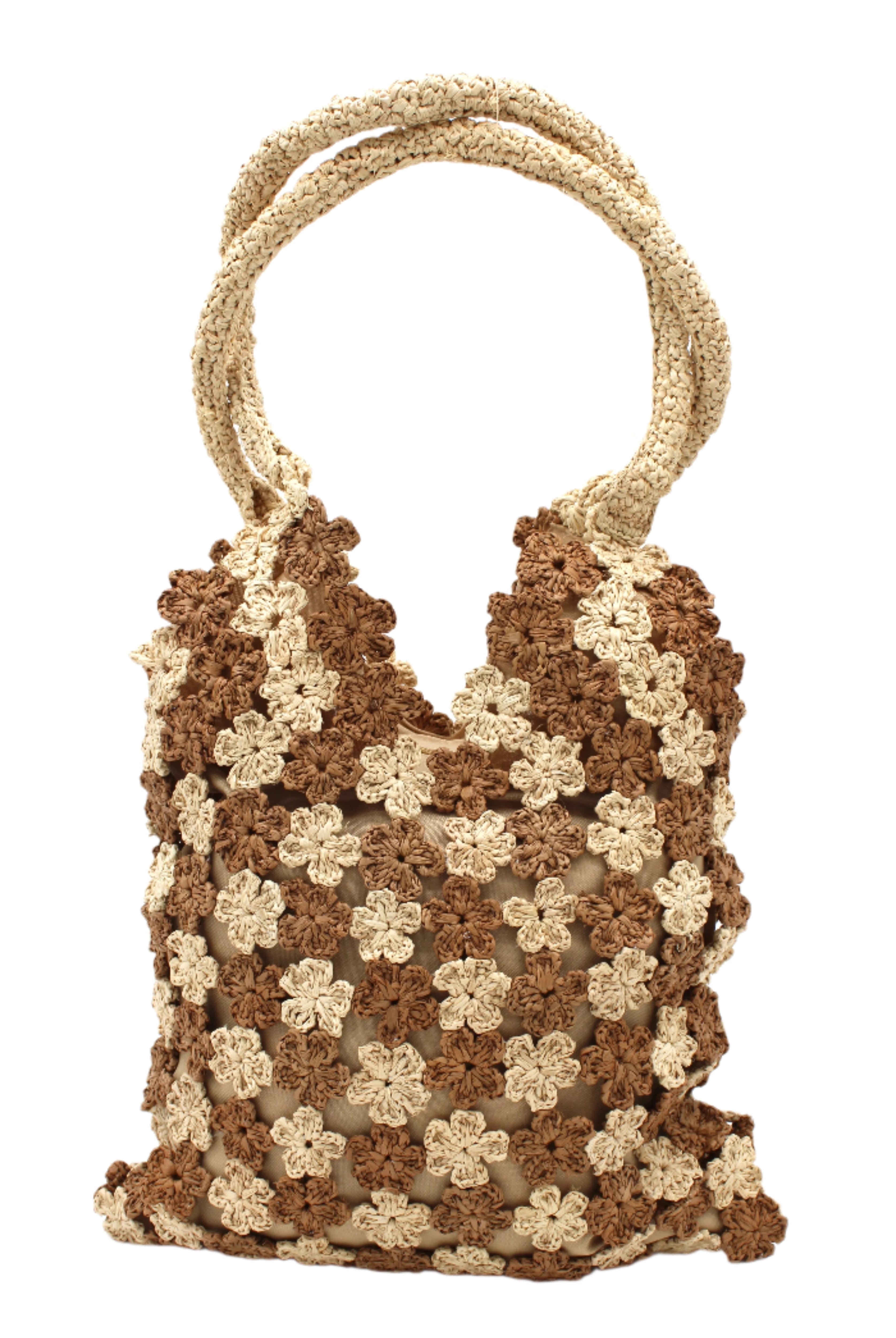 Amalie Two Tone Daisy Flower Crochet Straw Handbag handmade crochet mini flower buds from crochet natural raffia palm fiber in an alternating colored pattern of cappuccino tea/light/brown and natural straw color with brown internal liner and natural woven handles purse - Shebobo