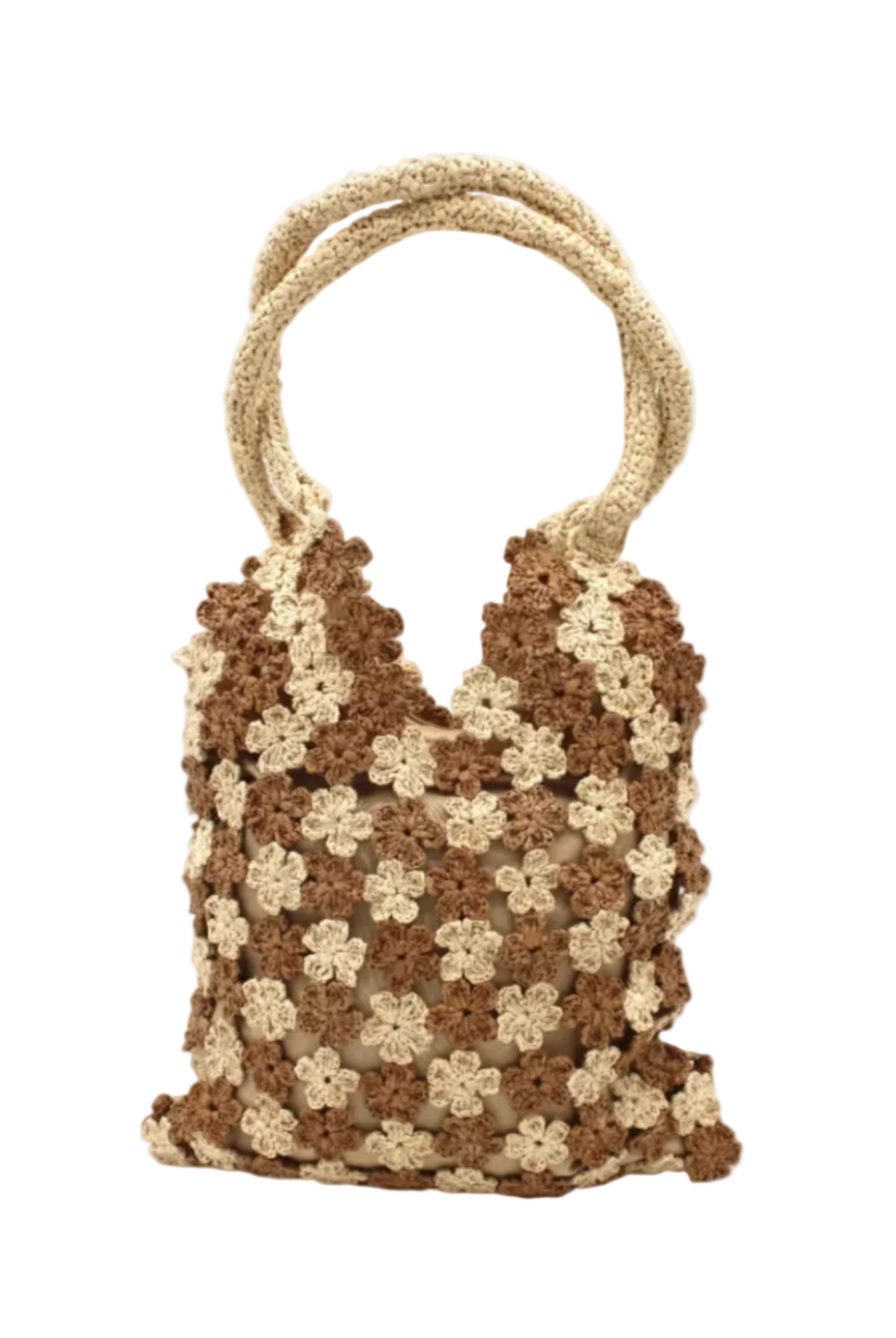 Amalie Two Tone Daisy Flower Crochet Straw Handbag handmade crochet mini flower buds from crochet natural raffia palm fiber in an alternating colored pattern of cappuccino tea/light/brown and natural straw color with brown internal liner and natural woven handles purse - Shebobo