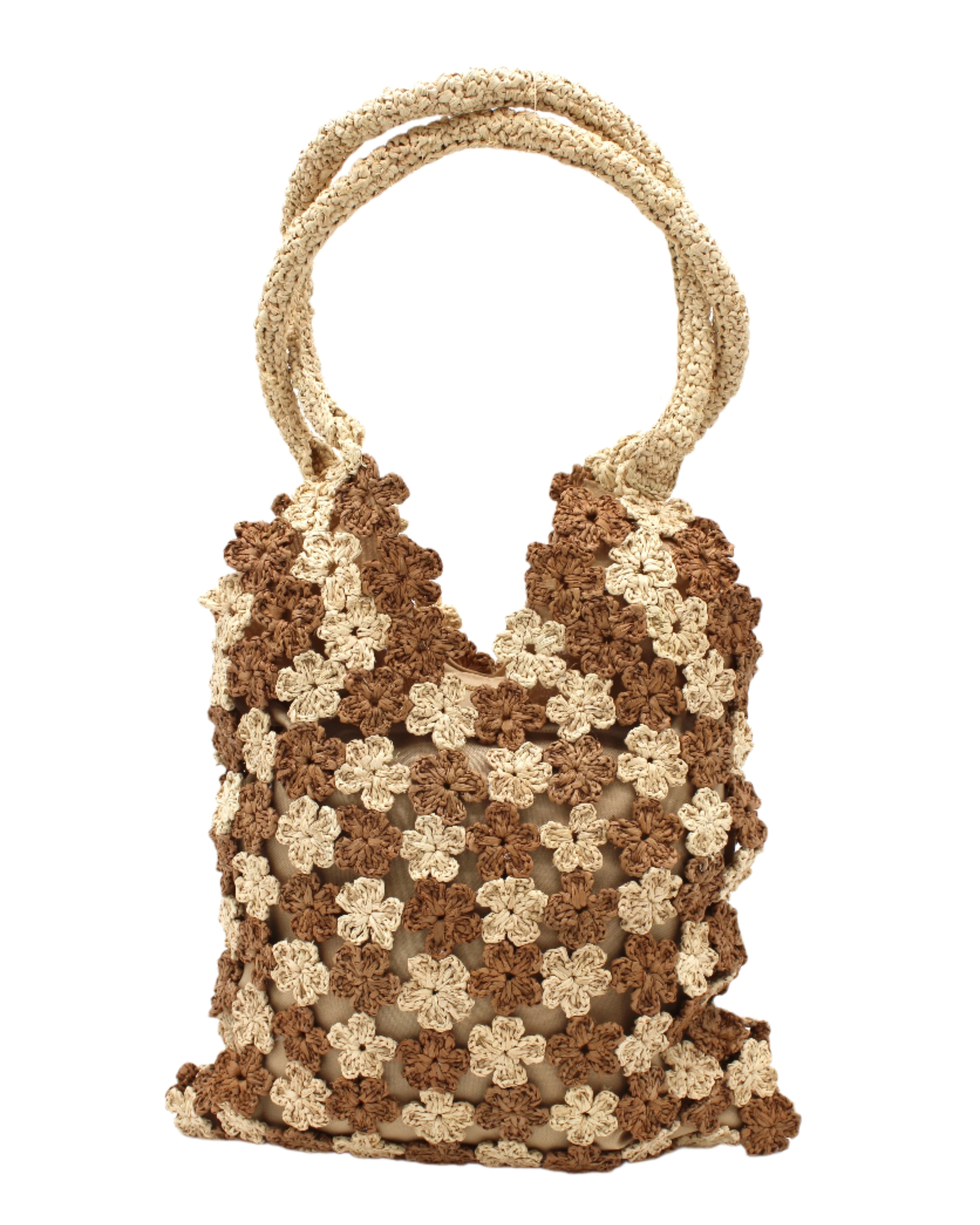 Amalie Two Tone Daisy Flower Crochet Straw Handbag handmade crochet mini flower buds from crochet natural raffia palm fiber in an alternating colored pattern of cappuccino tea/light/brown and natural straw color with brown internal liner and natural woven handles purse - Shebobo
