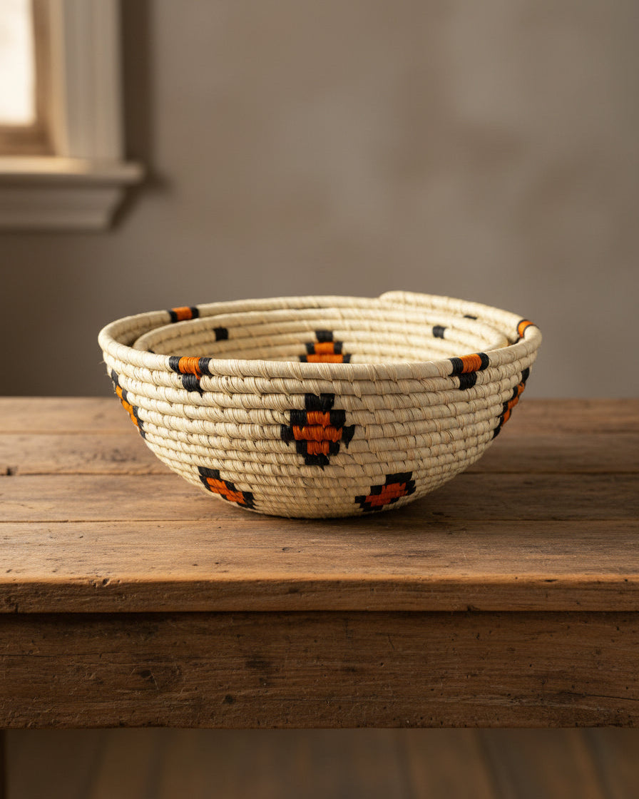 Side view Amara Raffia Straw Decor Display Basket Bowls: Set of 3 handmade woven natural raffia palm fiber in a crochet loop technique concentric coiled circular pattern with natural straw color centered in the bottom with diamond pattern of saffron yellow/orange edged in black around the sides of the bowl with natural straw color base set of small, medium, and large straw display bowls - Shebobo