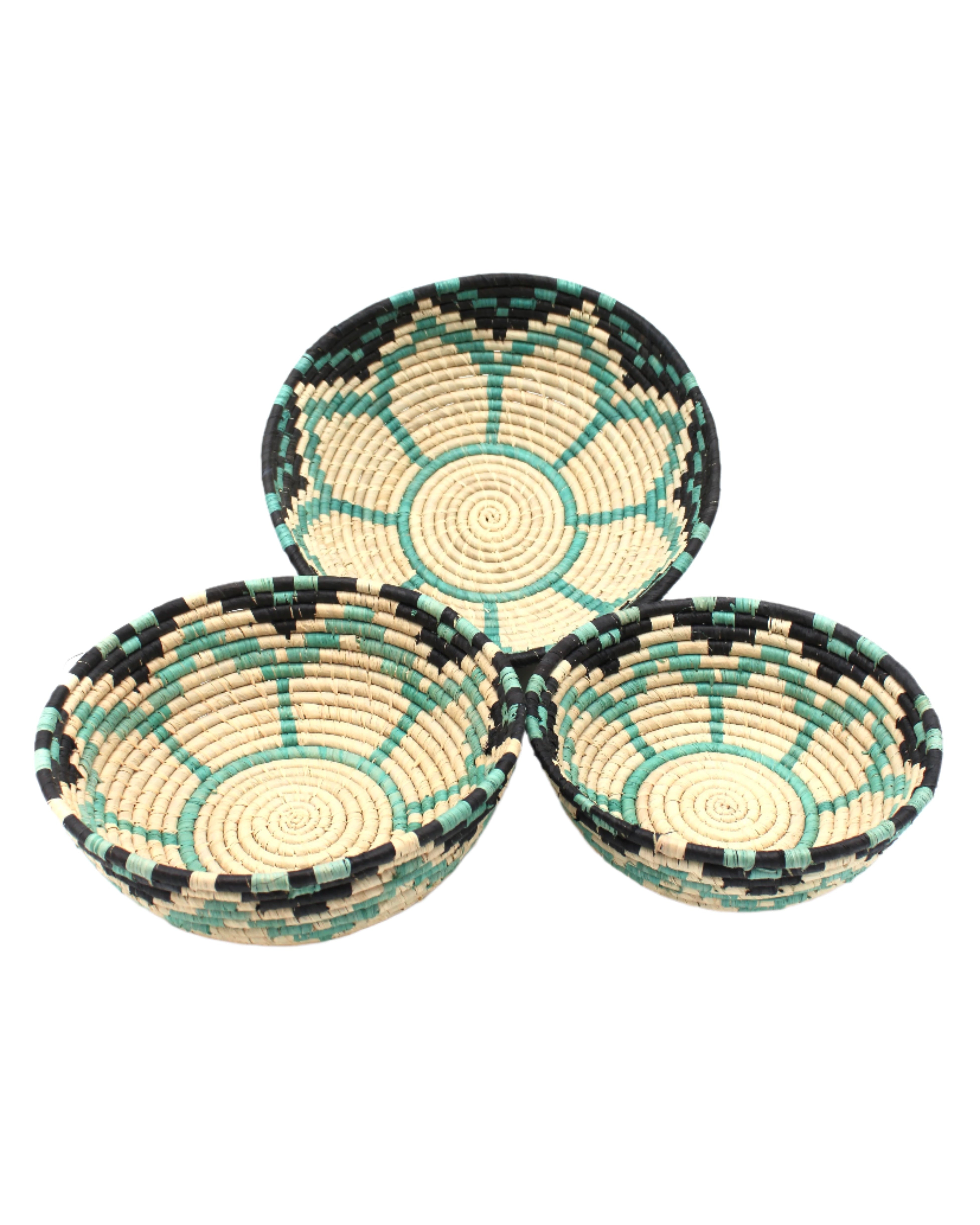 Amara Raffia Straw Decor Display Basket Bowls: Set of 3 handmade woven natural raffia palm fiber in a crochet loop technique concentric coiled circular pattern with natural straw color centered in the bottom with turquoise blue/green, natural, and black geometric floral design pattern up the sides of the bowls set of small, medium, and large straw display bowls - Shebobo