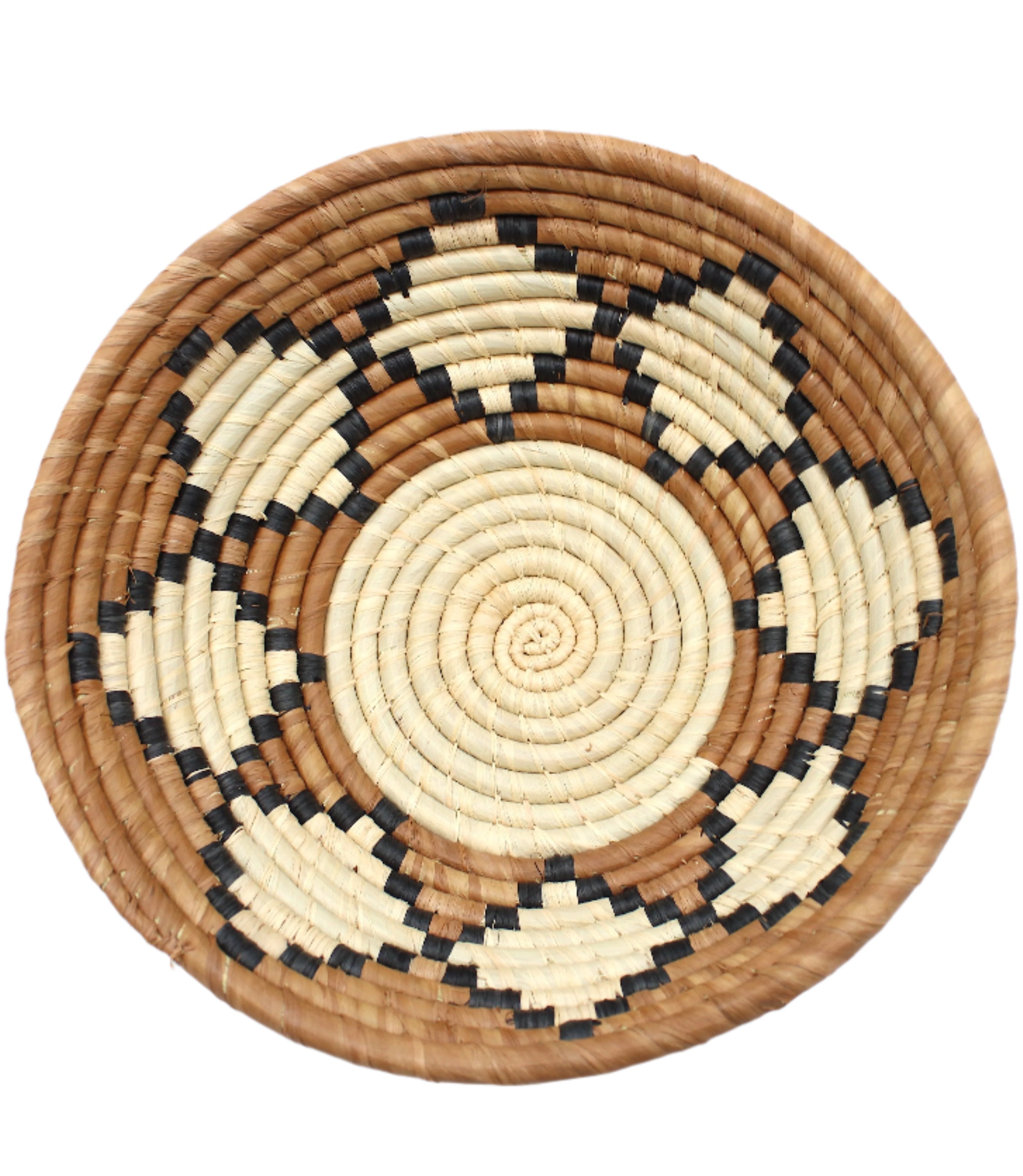 Detail View Amara Raffia Straw Decor Display Basket Bowls: Set of 3 handmade woven natural raffia palm fiber in a crochet loop technique concentric coiled circular pattern with natural straw color centered in the bottom with cinnamon/tobacco/brown sides and natural diamond with black edges pattern set of small, medium, and large straw display bowls - Shebobo