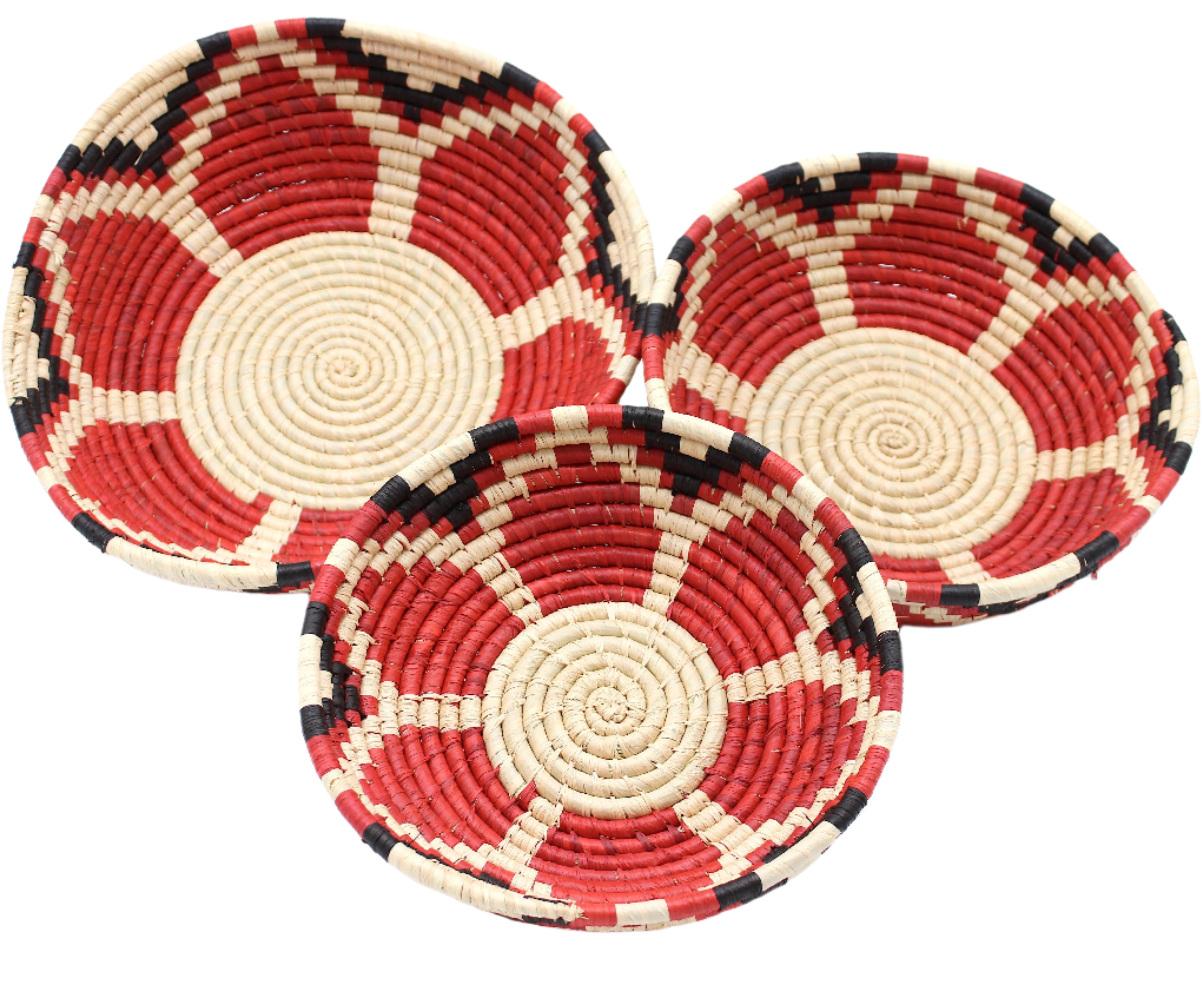 Amara Raffia Straw Decor Display Basket Bowls: Set of 3 handmade woven natural raffia palm fiber in a crochet loop technique concentric coiled circular pattern with natural straw color centered in the bottom with red, natural, and black geometric floral design pattern up the sides of the bowls set of small, medium, and large straw display bowls - Shebobo
