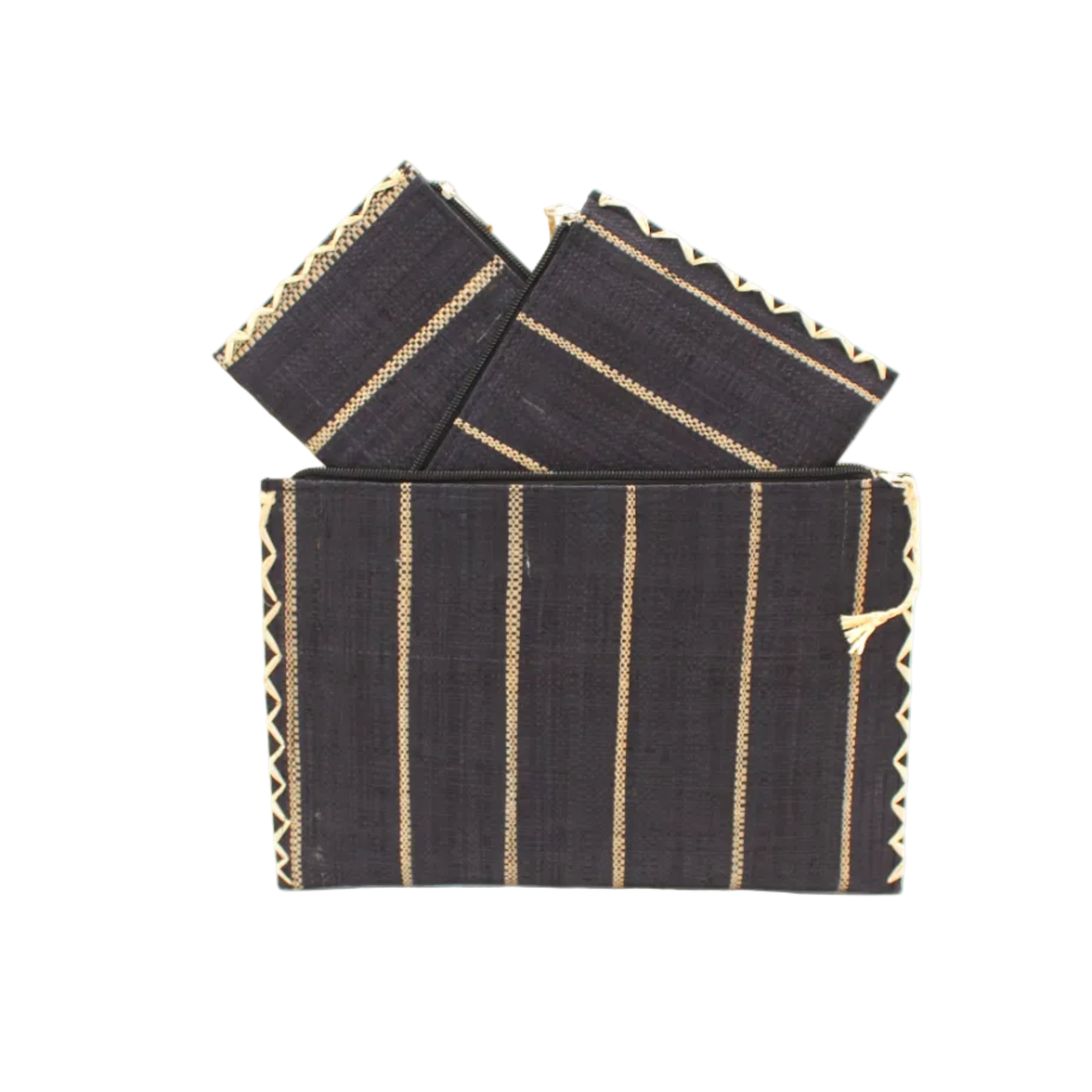 Amelia Set of 3 Black Nesting Zippered Straw Clutches Pinstripe Pattern handmade loomed raffia in wide vertical bands of black with narrow bands of natural straw color with matching zipper and braided zipper pull with cross stitch edging in three sizes of small, medium, and large - Shebobo