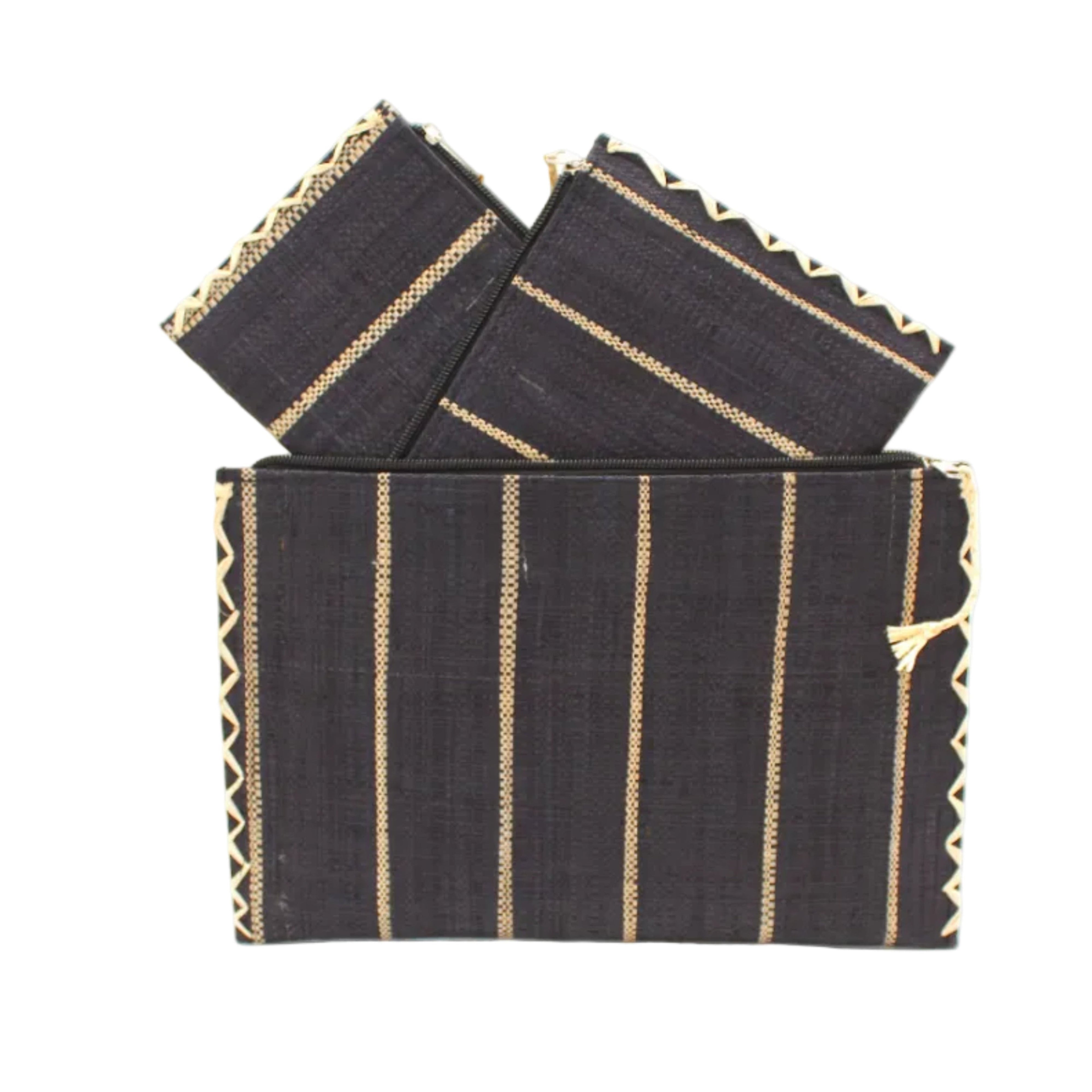Amelia Set of 3 Black Nesting Zippered Straw Clutches Pinstripe Pattern handmade loomed raffia in wide vertical bands of black with narrow bands of natural straw color with matching zipper and braided zipper pull with cross stitch edging in three sizes of small, medium, and large - Shebobo
