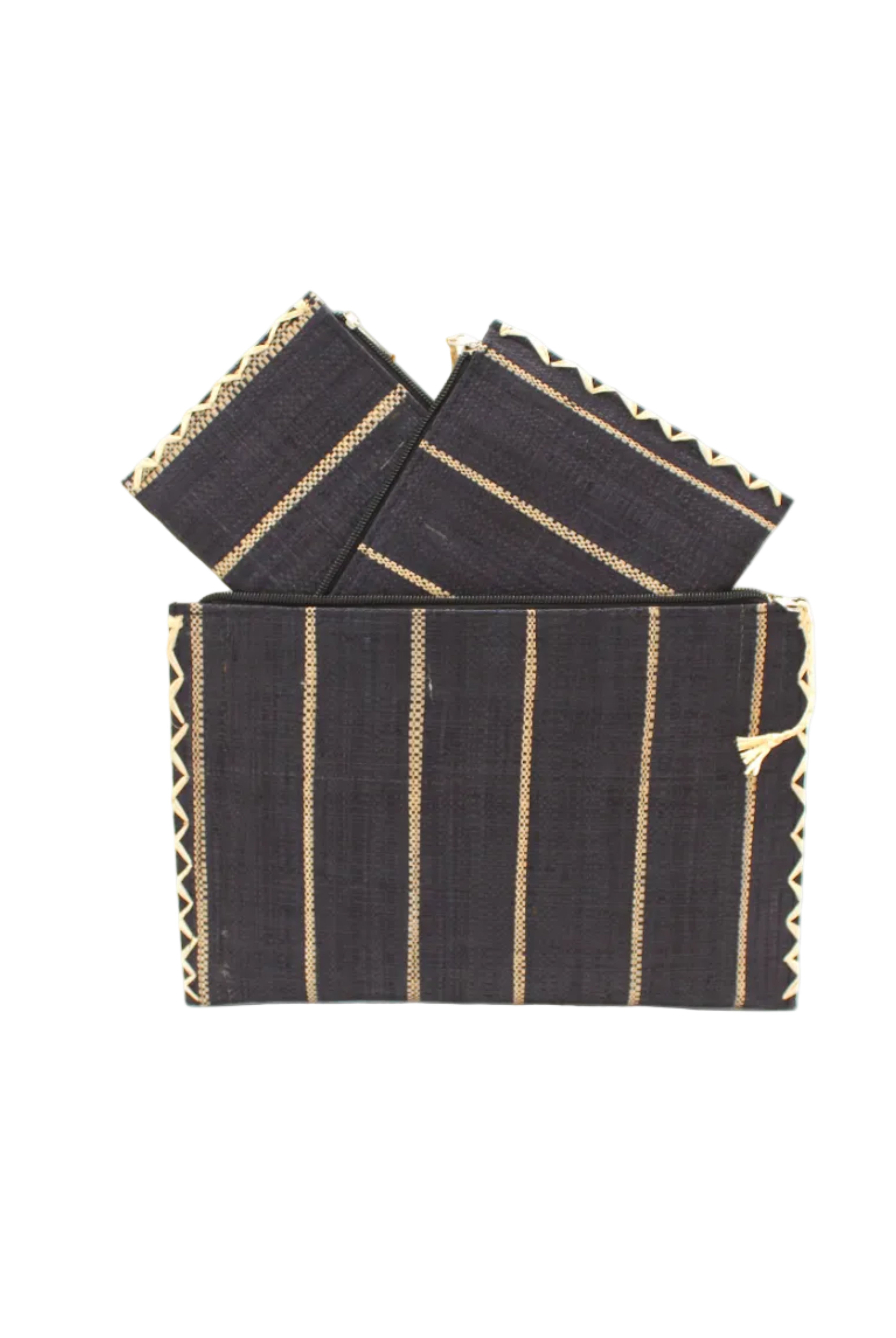 Amelia Set of 3 Black Nesting Zippered Straw Clutches Pinstripe Pattern handmade loomed raffia in wide vertical bands of black with narrow bands of natural straw color with matching zipper and braided zipper pull with cross stitch edging in three sizes of small, medium, and large - Shebobo