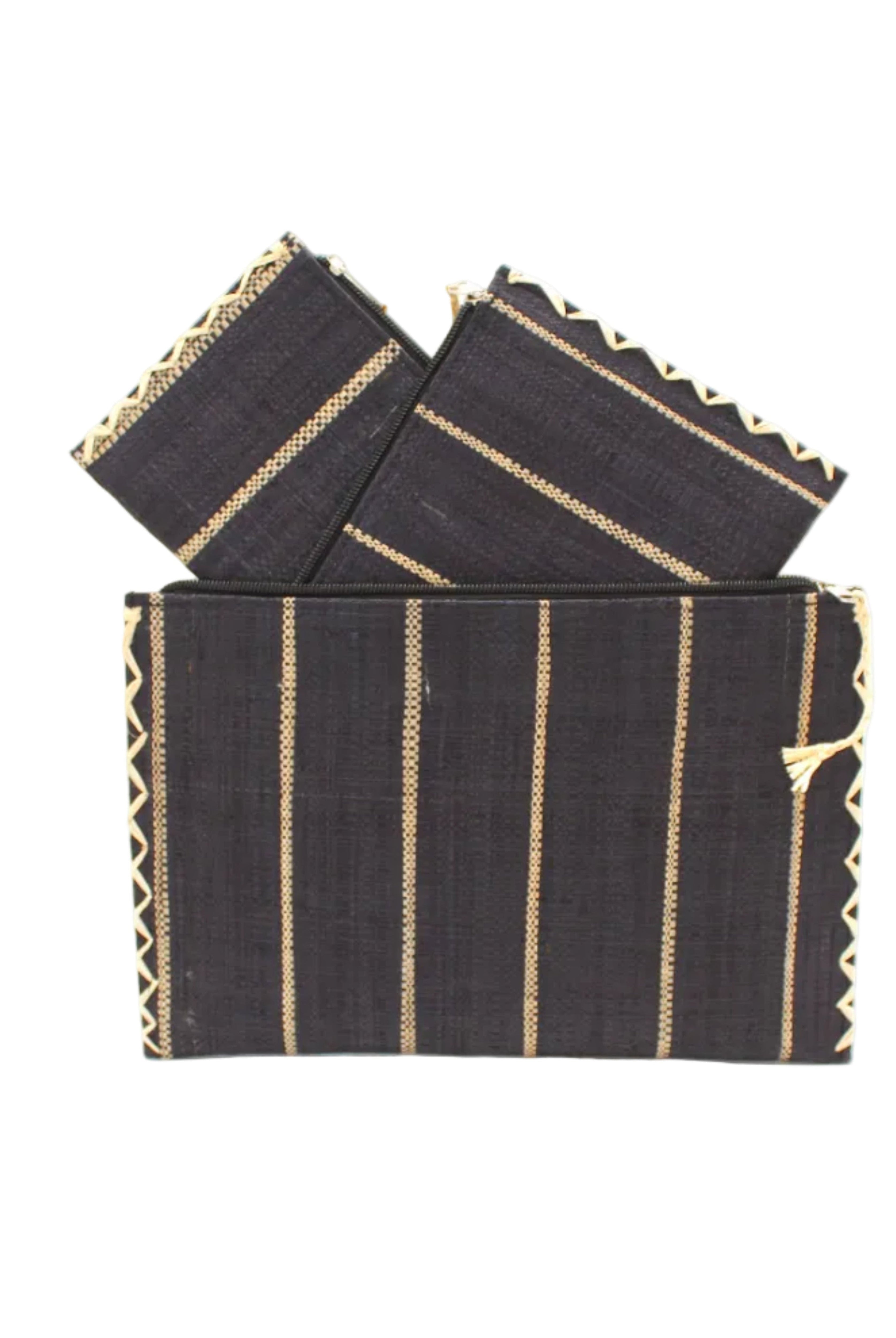 Amelia Set of 3 Black Nesting Zippered Straw Clutches Pinstripe Pattern handmade loomed raffia in wide vertical bands of black with narrow bands of natural straw color with matching zipper and braided zipper pull with cross stitch edging in three sizes of small, medium, and large - Shebobo