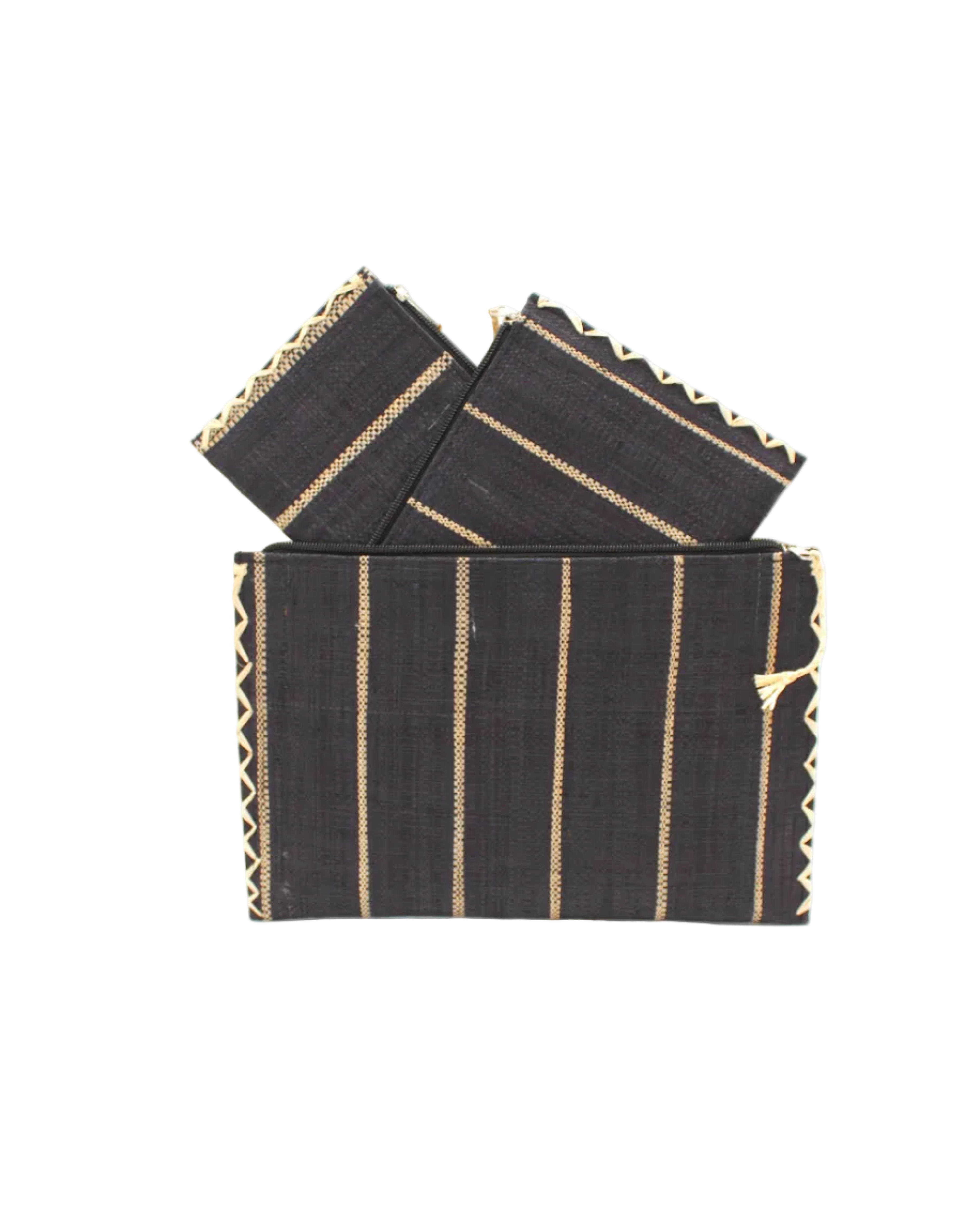Amelia Set of 3 Black Nesting Zippered Straw Clutches Pinstripe Pattern handmade loomed raffia in wide vertical bands of black with narrow bands of natural straw color with matching zipper and braided zipper pull with cross stitch edging in three sizes of small, medium, and large - Shebobo