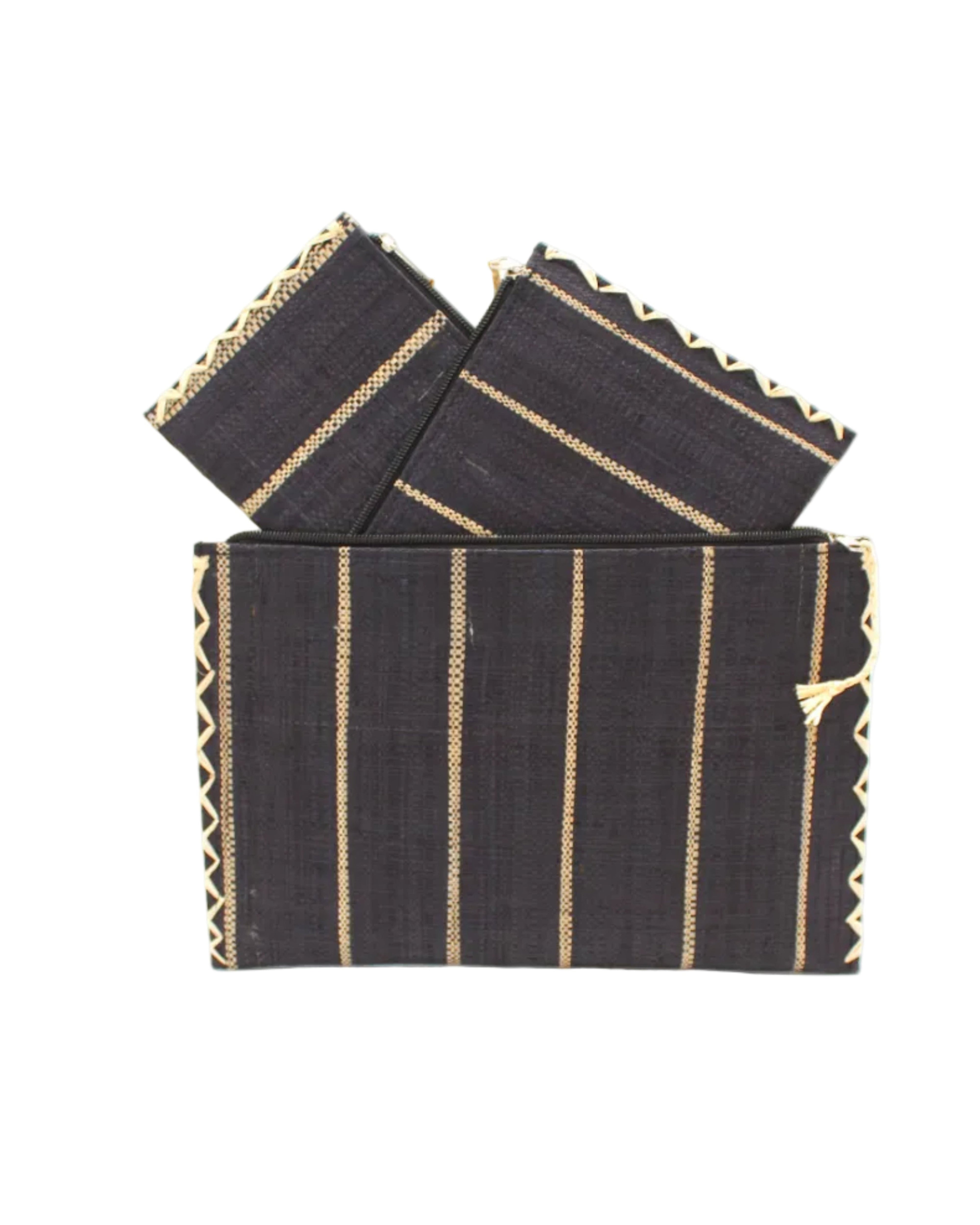 Amelia Set of 3 Black Nesting Zippered Straw Clutches Pinstripe Pattern handmade loomed raffia in wide vertical bands of black with narrow bands of natural straw color with matching zipper and braided zipper pull with cross stitch edging in three sizes of small, medium, and large - Shebobo