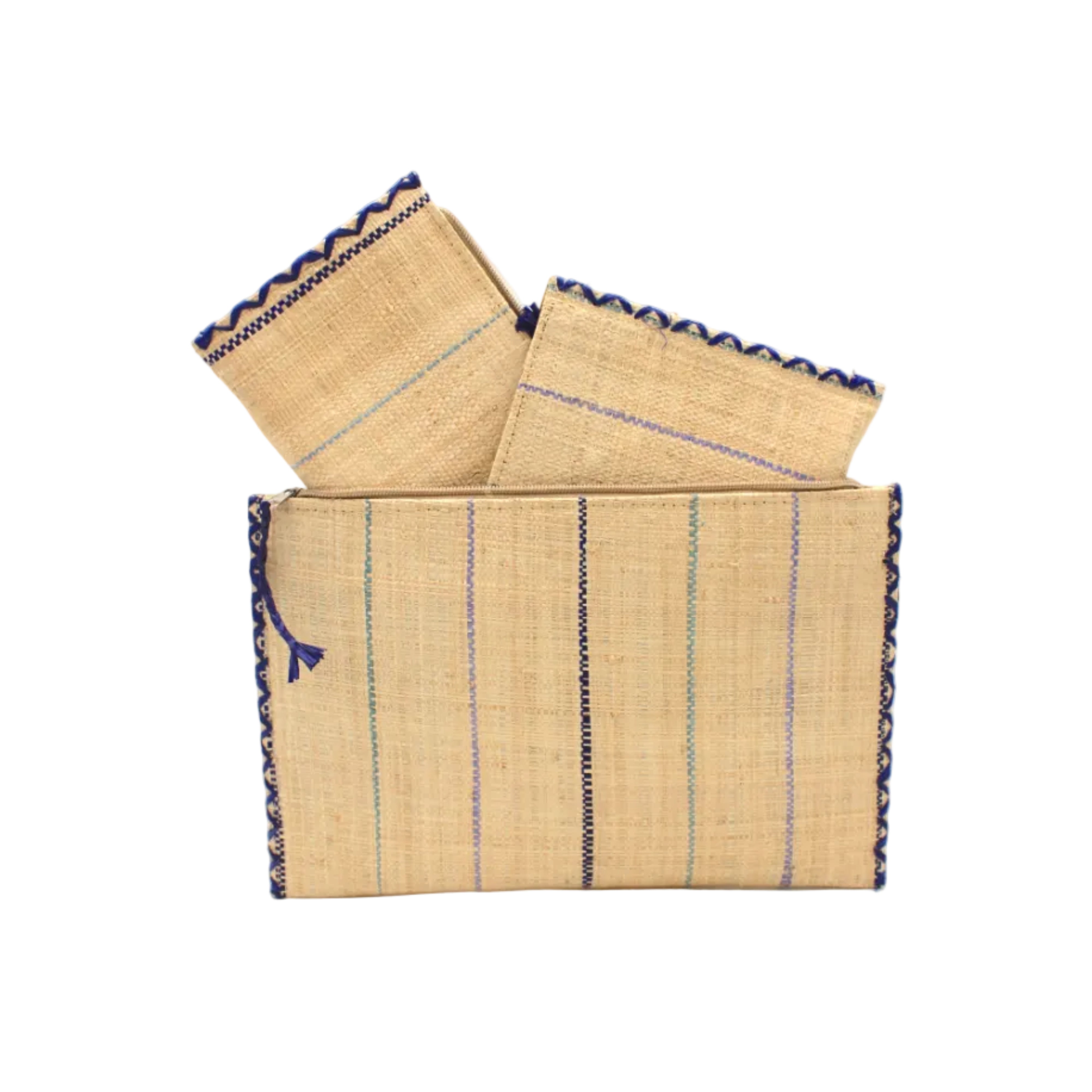 Set of 3 Blues on Natural straw color Nesting Zippered Straw Clutches Pinstripe Pattern handmade loomed raffia in wide vertical bands of natural with multicolor narrow bands of turquoise, navy, denim, etc. with matching zipper and braided zipper pull with cross stitch edging in three sizes of small, medium, and large - Shebobo