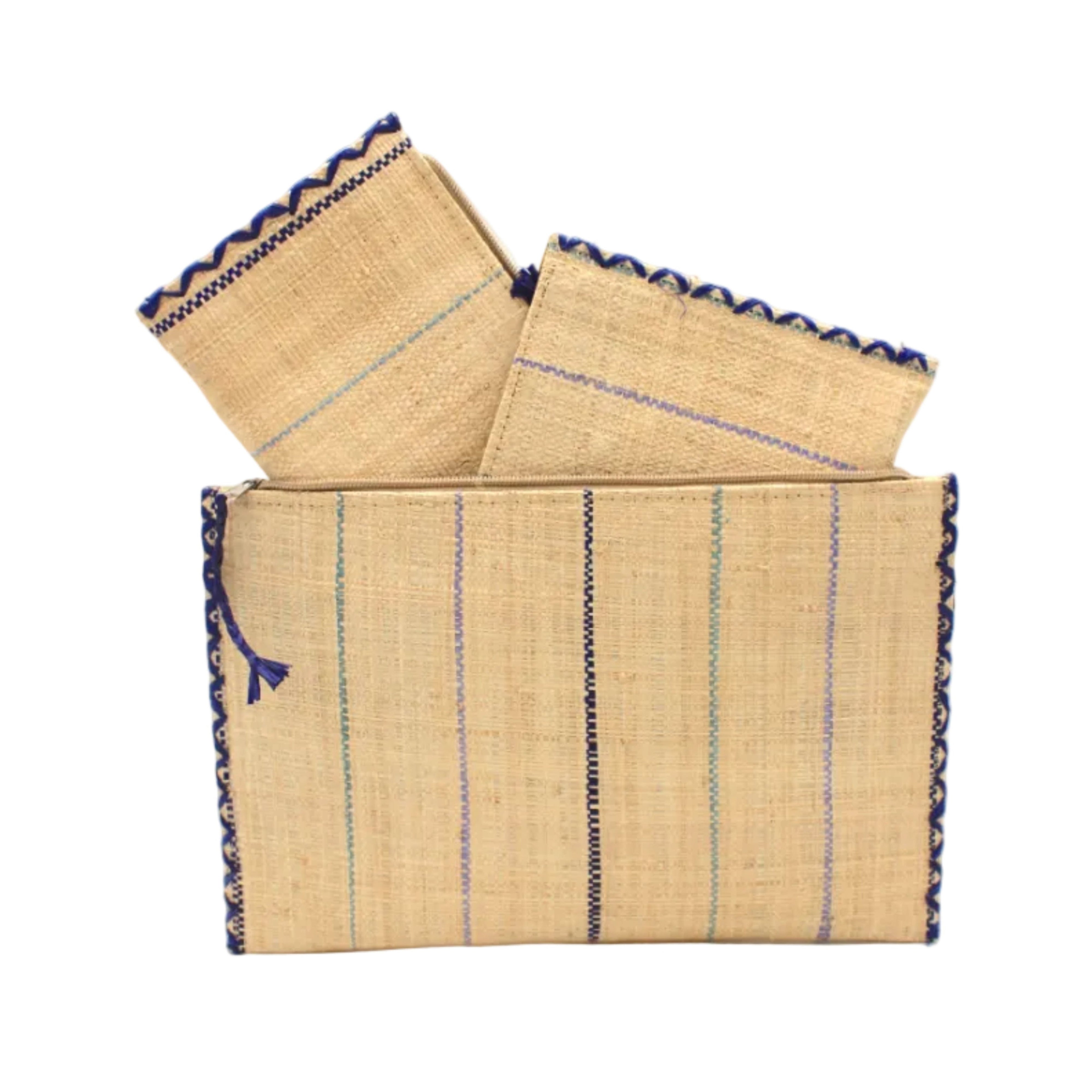 Set of 3 Blues on Natural straw color Nesting Zippered Straw Clutches Pinstripe Pattern handmade loomed raffia in wide vertical bands of natural with multicolor narrow bands of turquoise, navy, denim, etc. with matching zipper and braided zipper pull with cross stitch edging in three sizes of small, medium, and large - Shebobo