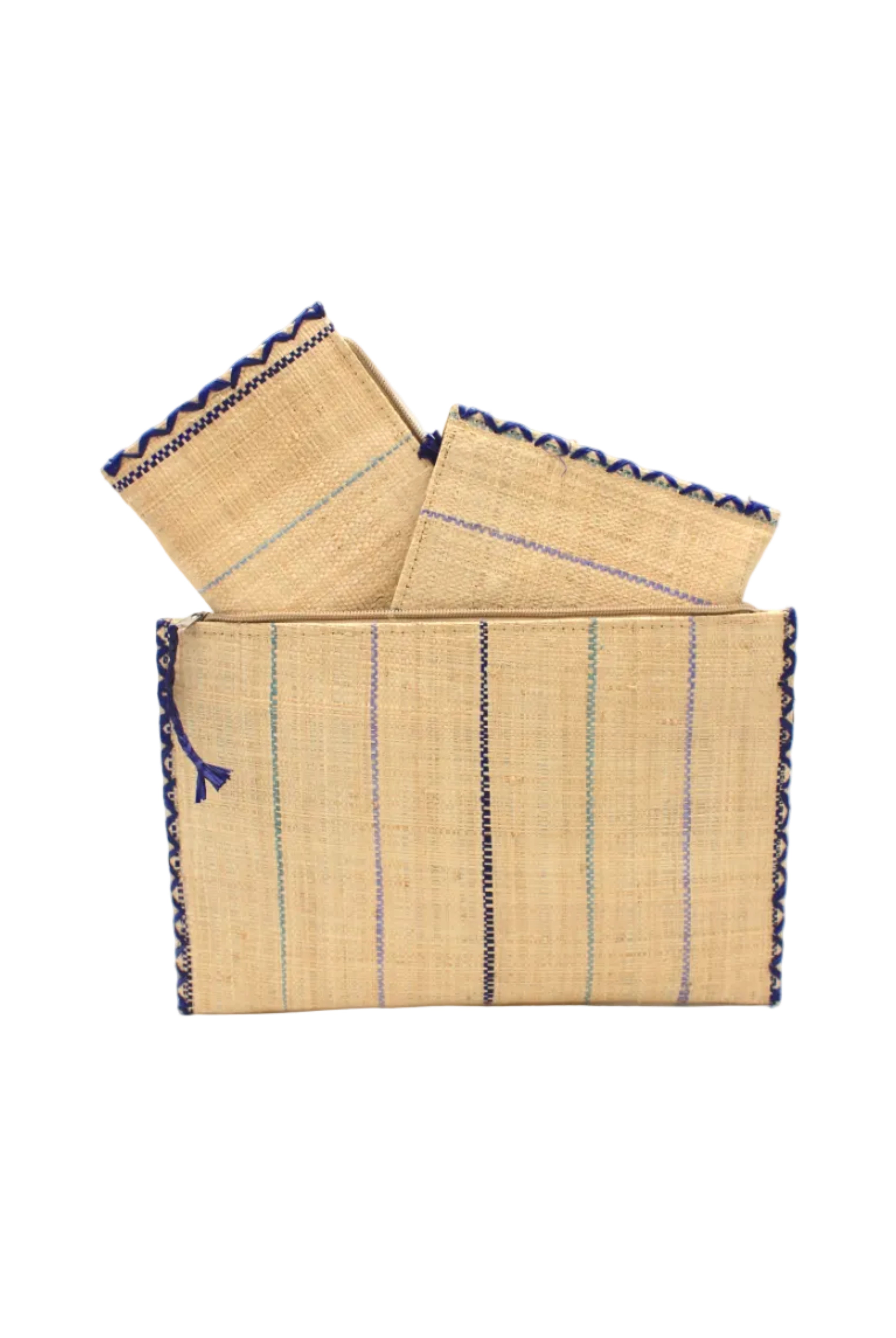 Set of 3 Blues on Natural straw color Nesting Zippered Straw Clutches Pinstripe Pattern handmade loomed raffia in wide vertical bands of natural with multicolor narrow bands of turquoise, navy, denim, etc. with matching zipper and braided zipper pull with cross stitch edging in three sizes of small, medium, and large - Shebobo