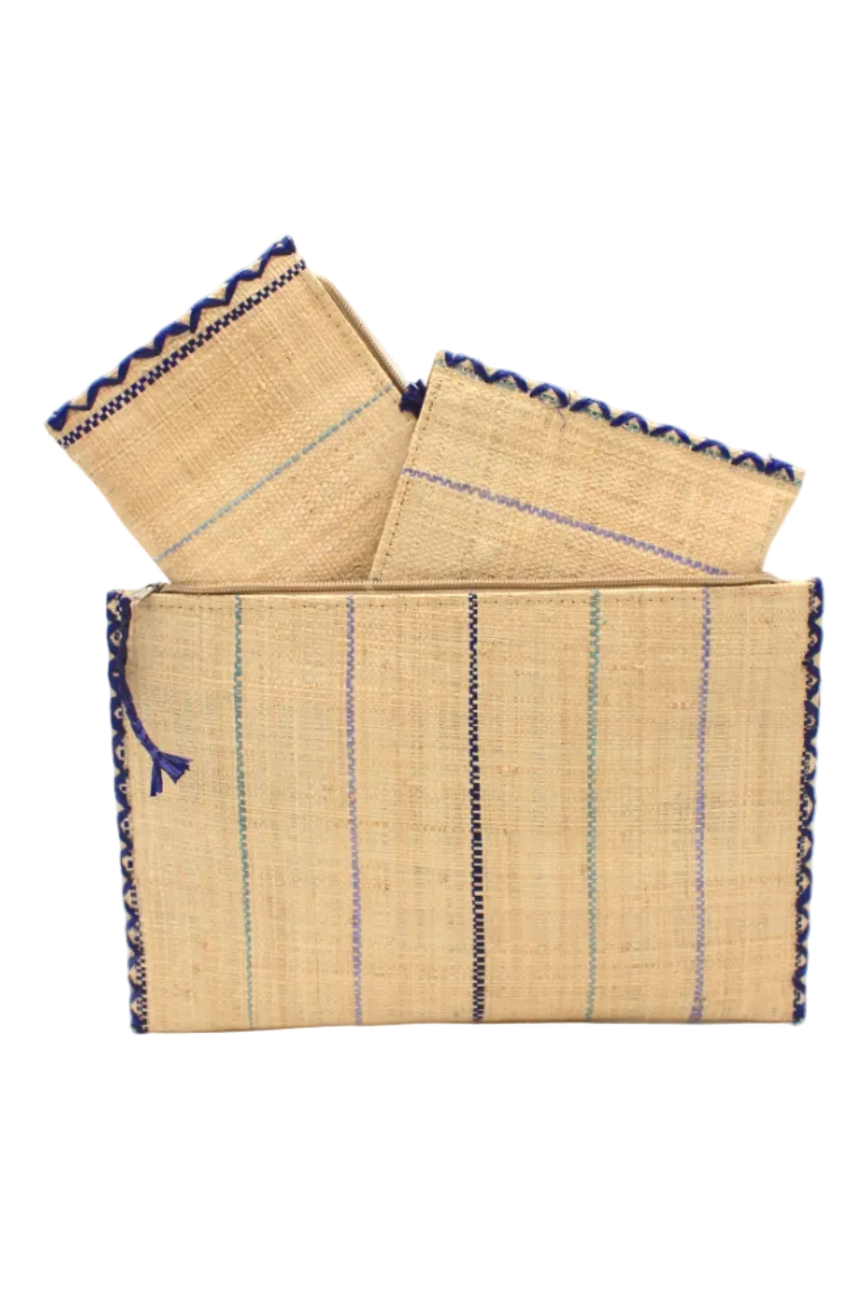 Set of 3 Blues on Natural straw color Nesting Zippered Straw Clutches Pinstripe Pattern handmade loomed raffia in wide vertical bands of natural with multicolor narrow bands of turquoise, navy, denim, etc. with matching zipper and braided zipper pull with cross stitch edging in three sizes of small, medium, and large - Shebobo