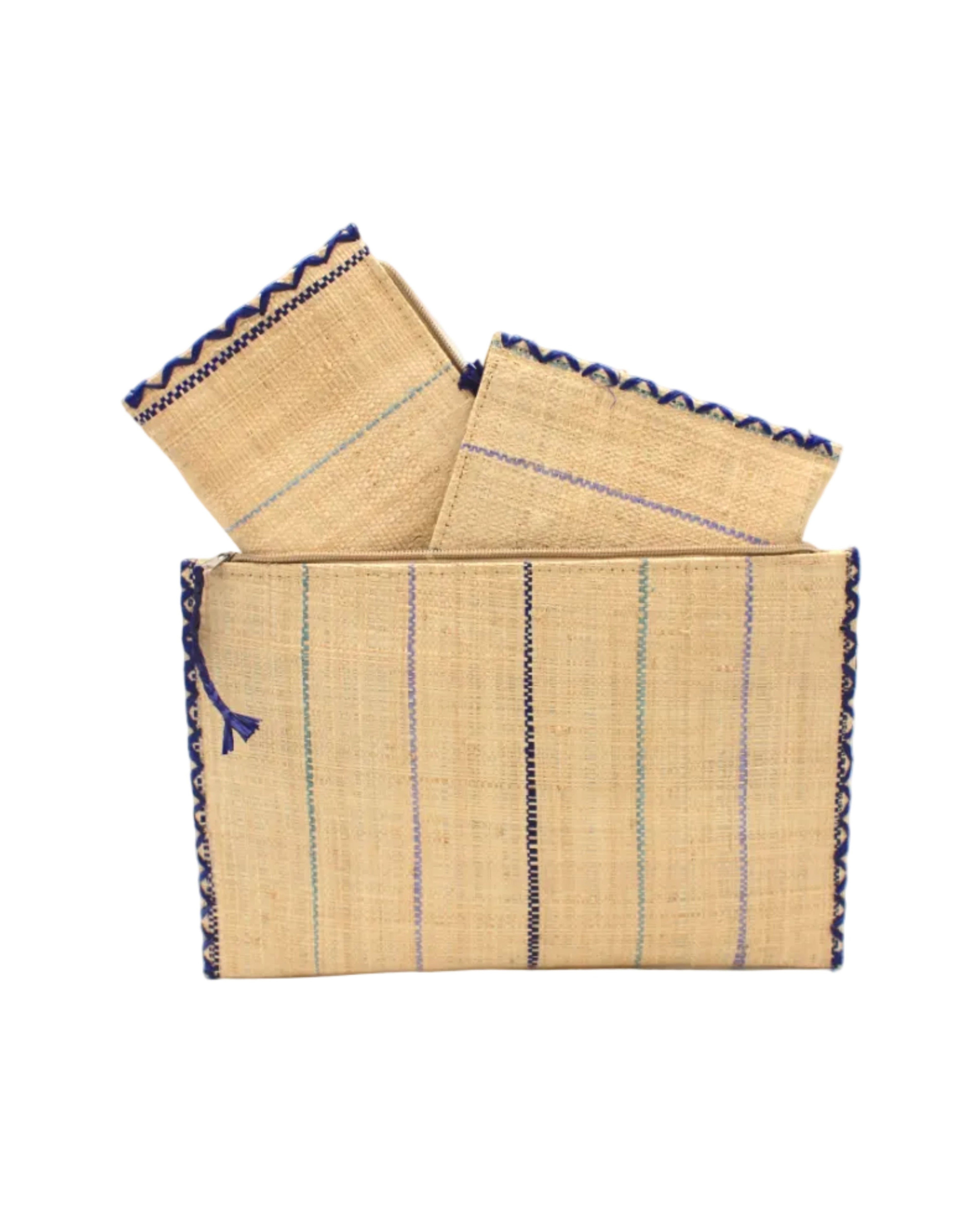 Set of 3 Blues on Natural straw color Nesting Zippered Straw Clutches Pinstripe Pattern handmade loomed raffia in wide vertical bands of natural with multicolor narrow bands of turquoise, navy, denim, etc. with matching zipper and braided zipper pull with cross stitch edging in three sizes of small, medium, and large - Shebobo