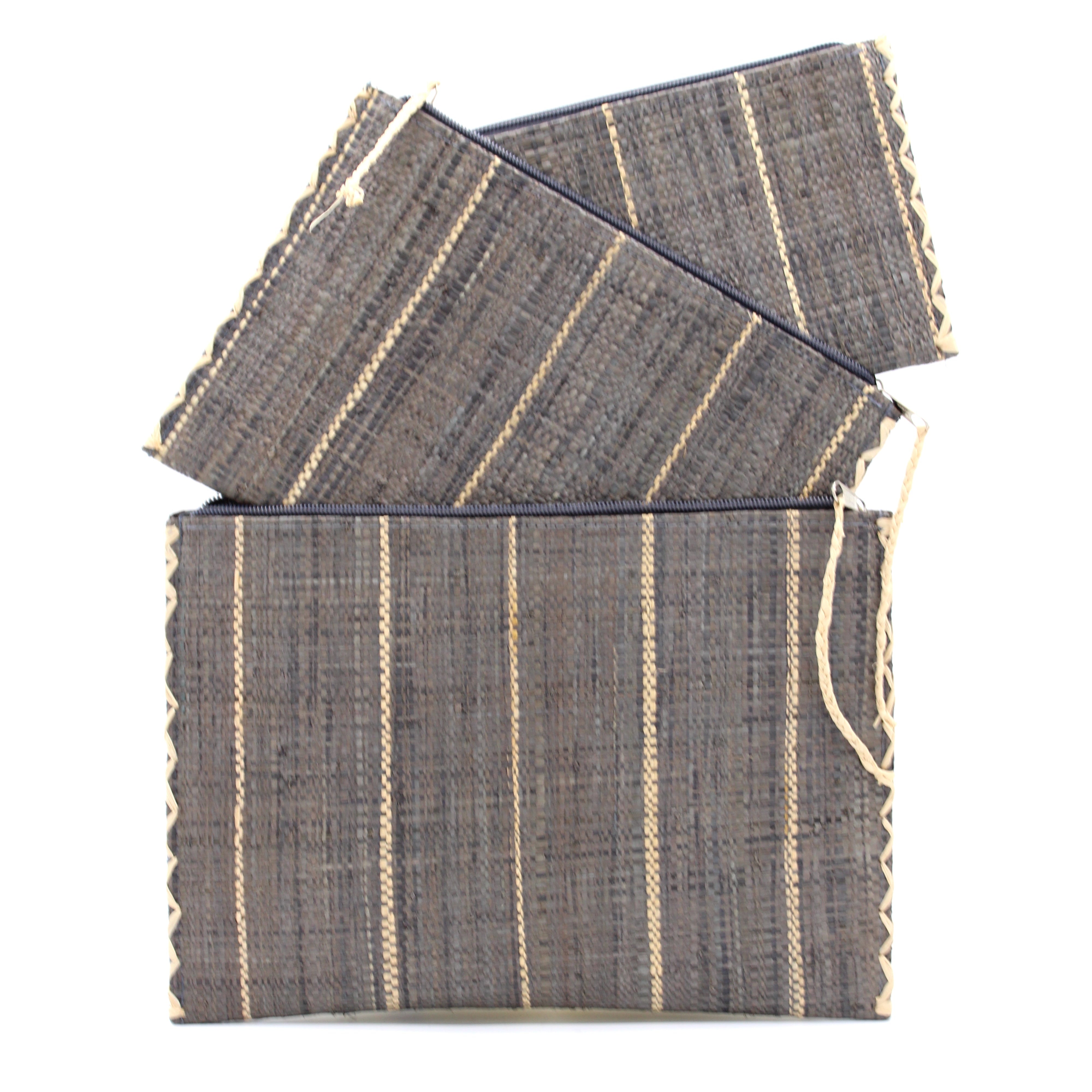 Amelia Set of 3 Grey Nesting Zippered Straw Clutches Pinstripe Pattern handmade loomed raffia in wide vertical bands of grey with narrow bands of natural straw color with matching zipper and braided zipper pull with cross stitch edging in three sizes of small, medium, and large - Shebobo