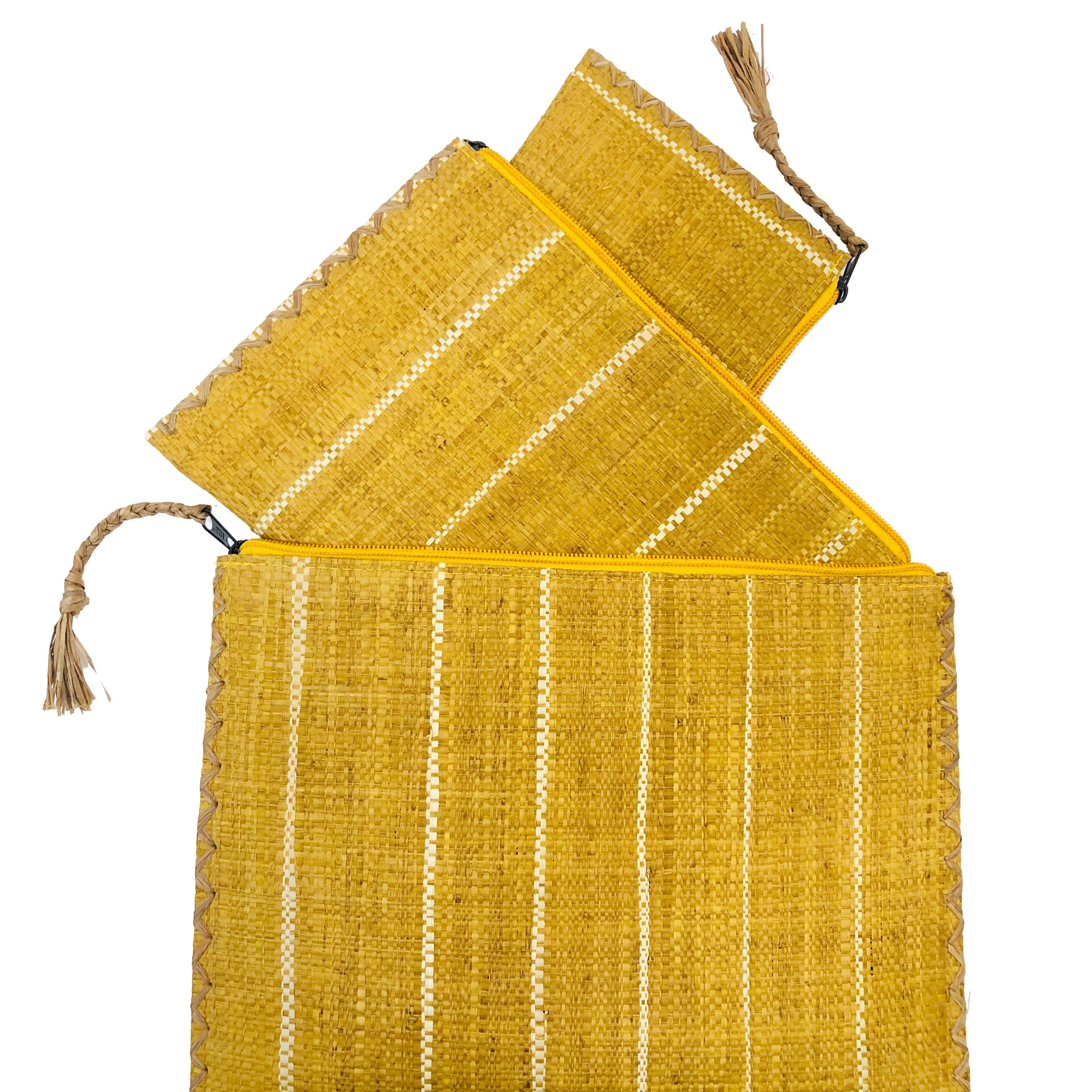 Amelia Set of 3 Saffron Nesting Zippered Straw Clutches Pinstripe Pattern handmade loomed raffia in wide vertical bands of saffron yellow with narrow bands of natural straw color with matching zipper and braided zipper pull with cross stitch edging in three sizes of small, medium, and large - Shebobo