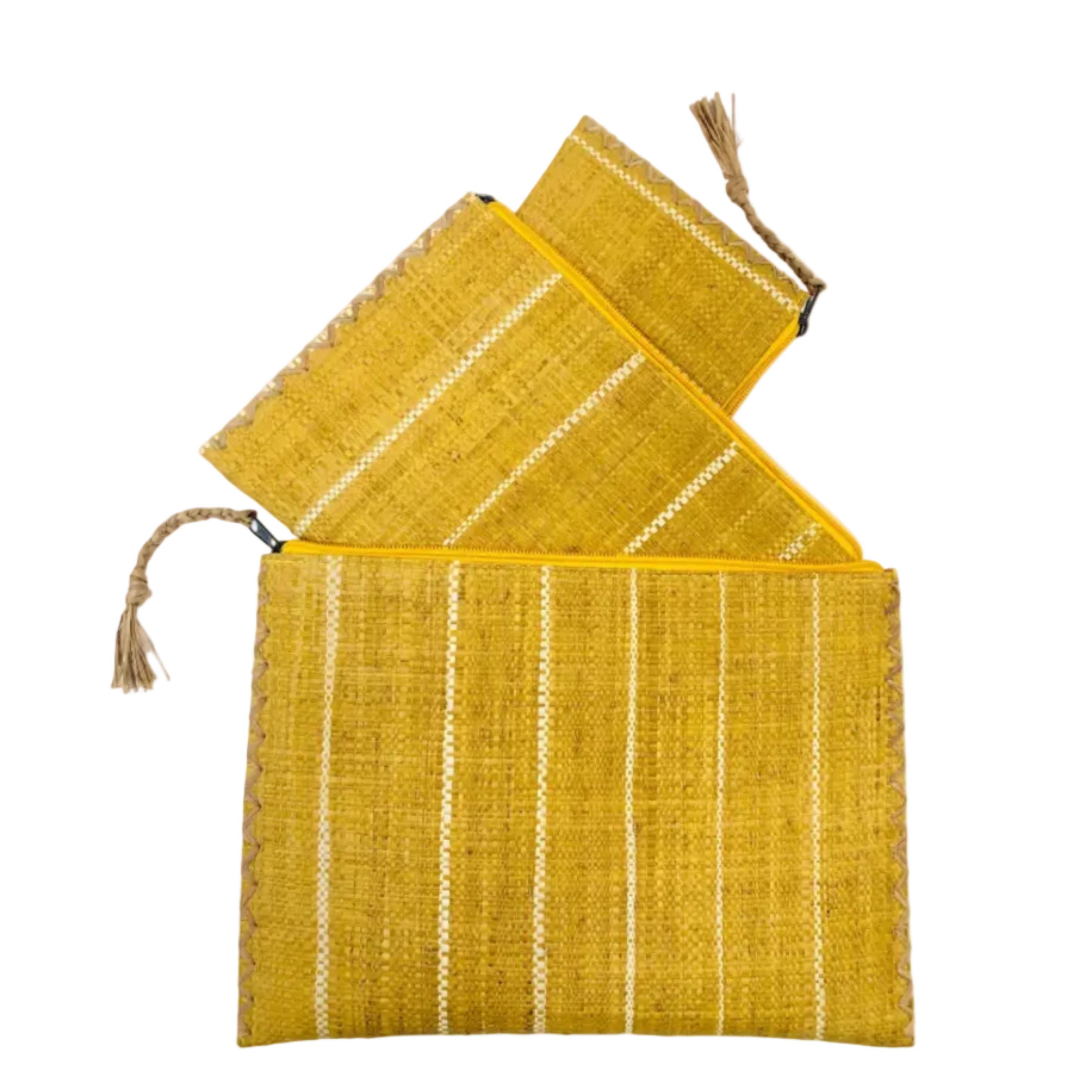 Amelia Set of 3 Saffron Nesting Zippered Straw Clutches Pinstripe Pattern handmade loomed raffia in wide vertical bands of saffron yellow with narrow bands of natural straw color with matching zipper and braided zipper pull with cross stitch edging in three sizes of small, medium, and large - Shebobo