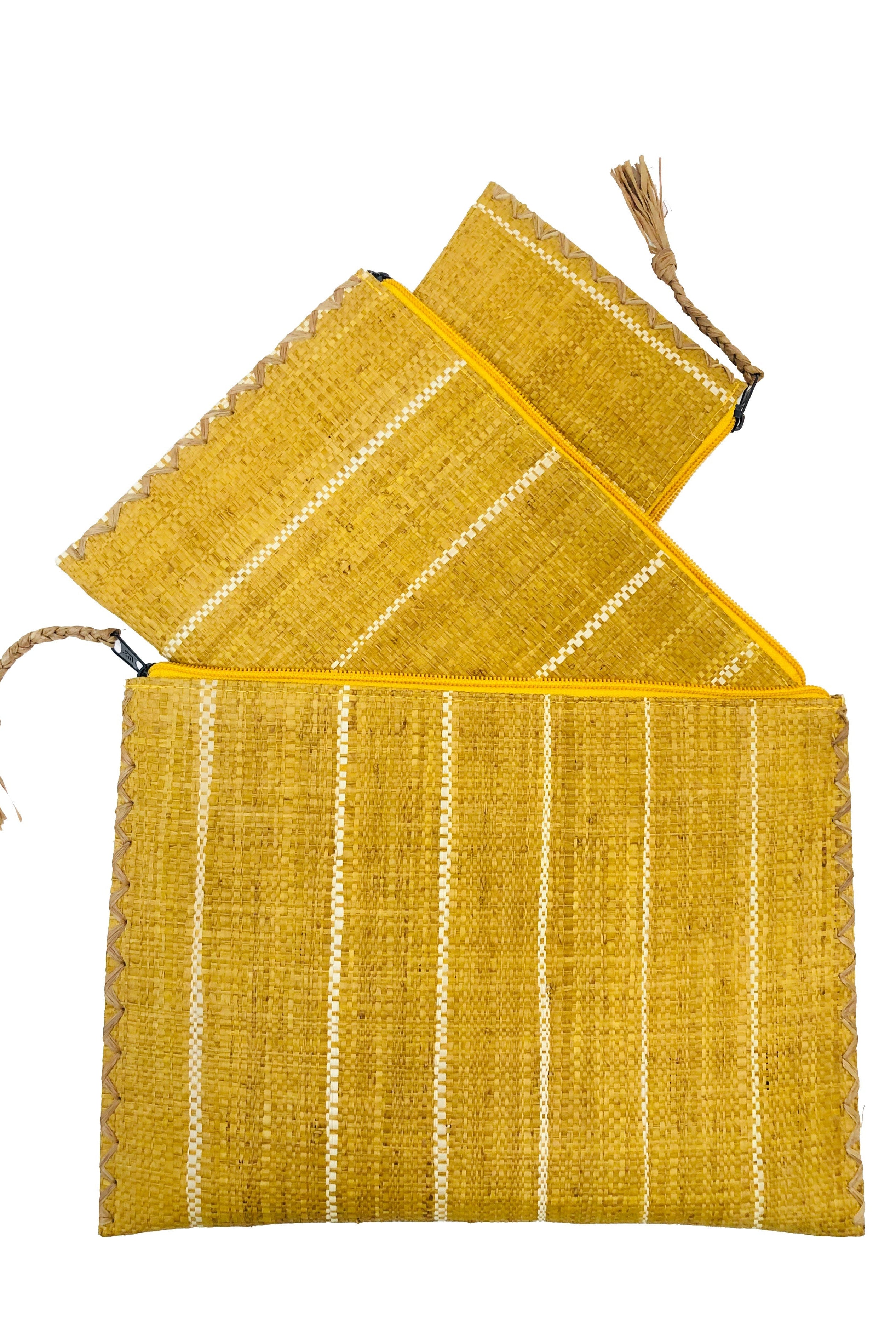 Amelia Set of 3 Saffron Nesting Zippered Straw Clutches Pinstripe Pattern handmade loomed raffia in wide vertical bands of saffron yellow with narrow bands of natural straw color with matching zipper and braided zipper pull with cross stitch edging in three sizes of small, medium, and large - Shebobo
