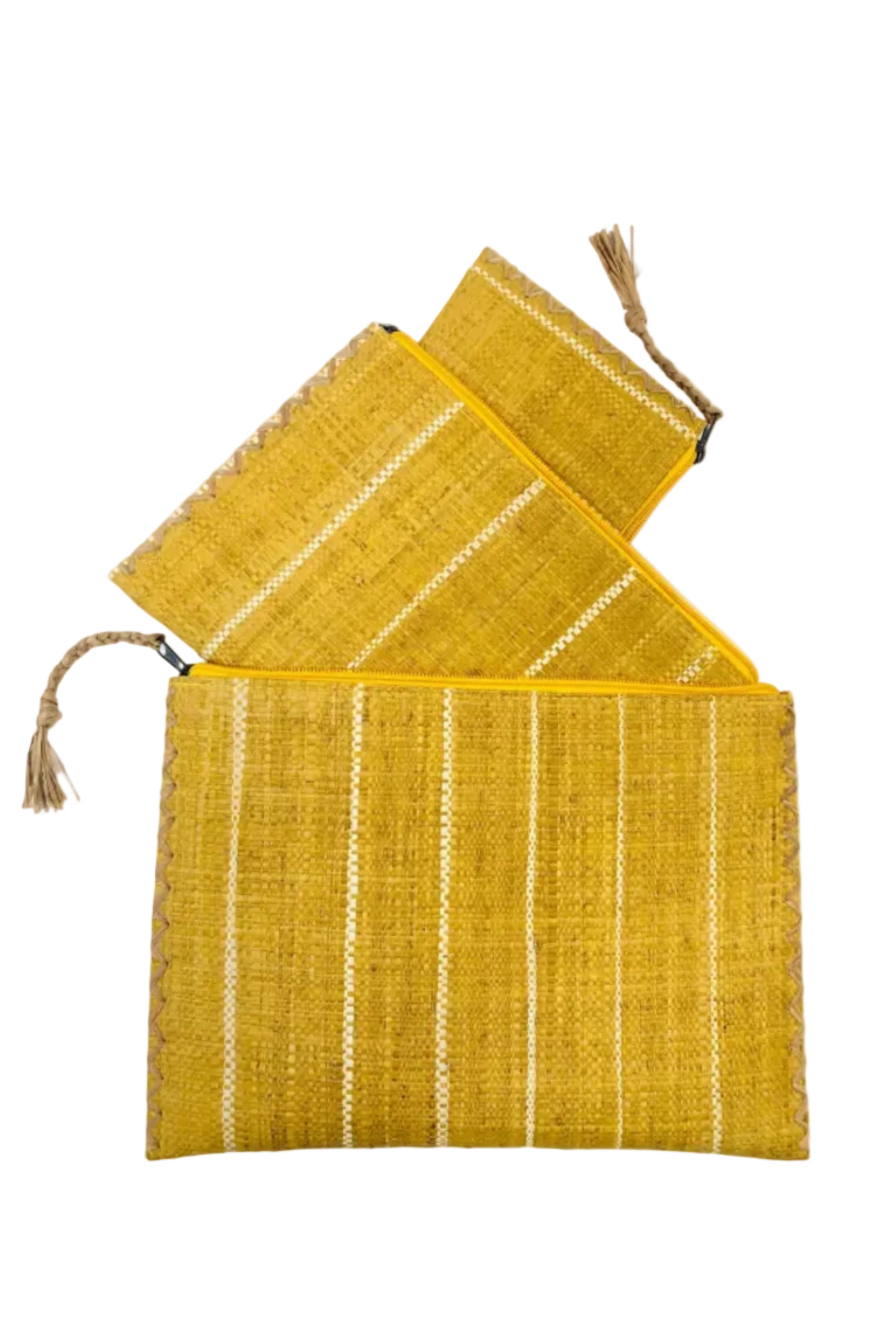 Amelia Set of 3 Saffron Nesting Zippered Straw Clutches Pinstripe Pattern handmade loomed raffia in wide vertical bands of saffron yellow with narrow bands of natural straw color with matching zipper and braided zipper pull with cross stitch edging in three sizes of small, medium, and large - Shebobo
