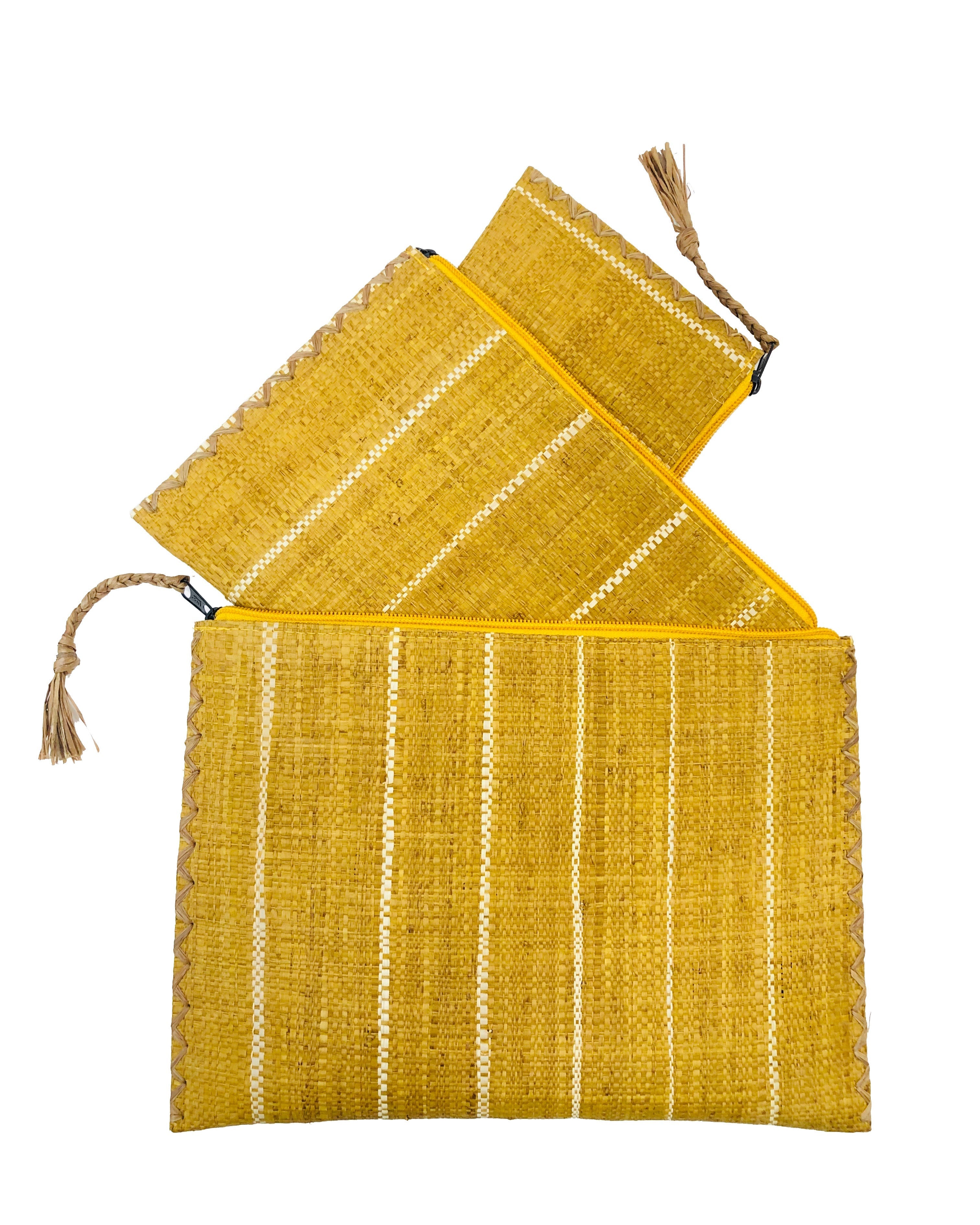 Amelia Set of 3 Saffron Nesting Zippered Straw Clutches Pinstripe Pattern handmade loomed raffia in wide vertical bands of saffron yellow with narrow bands of natural straw color with matching zipper and braided zipper pull with cross stitch edging in three sizes of small, medium, and large - Shebobo