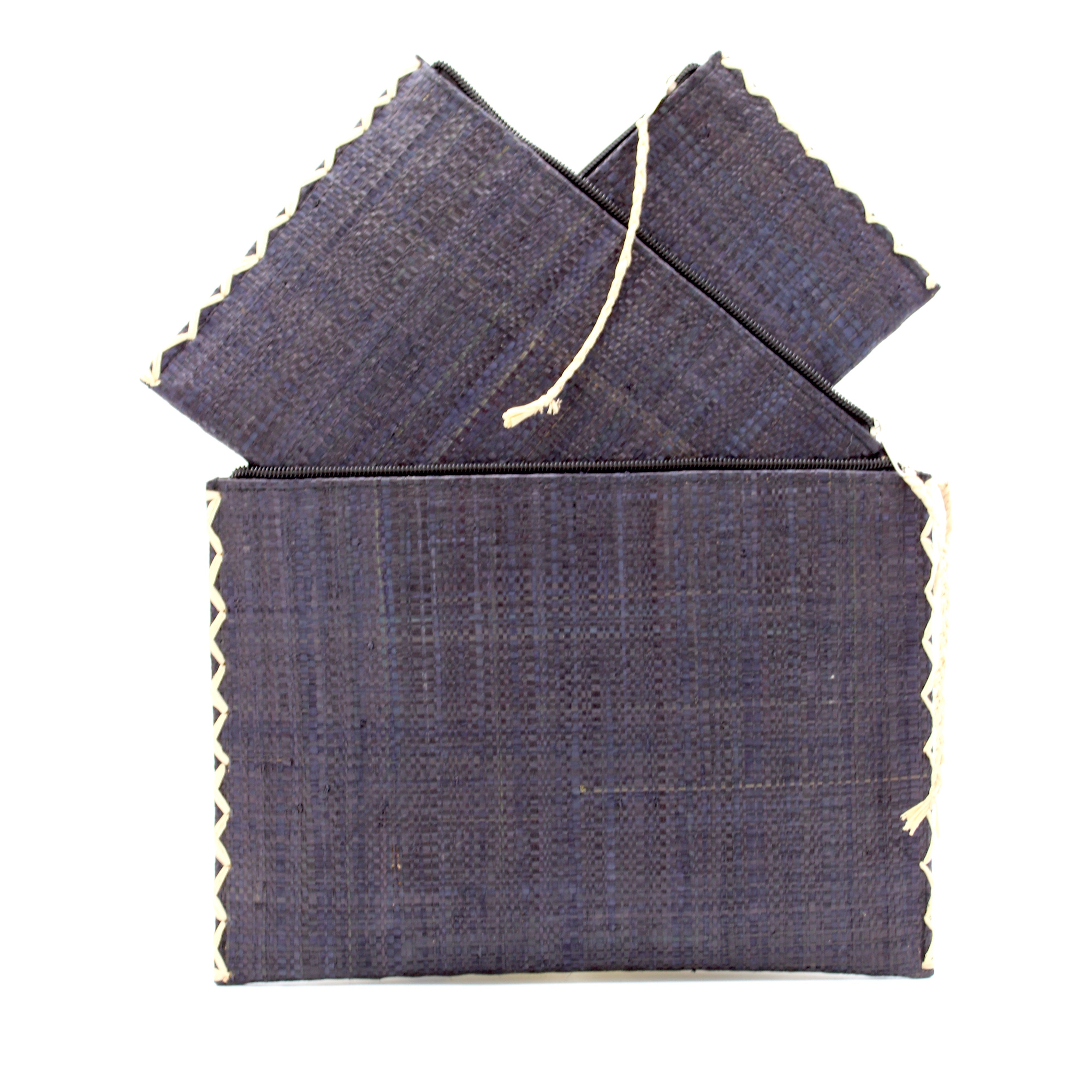 Amelia Set of 3 Black Nesting Zippered Straw Clutches Solid Colors handmade loomed raffia in a solid hue with matching zipper and braided zipper pull with cross stitch edging in three sizes of small, medium, and large - Shebobo