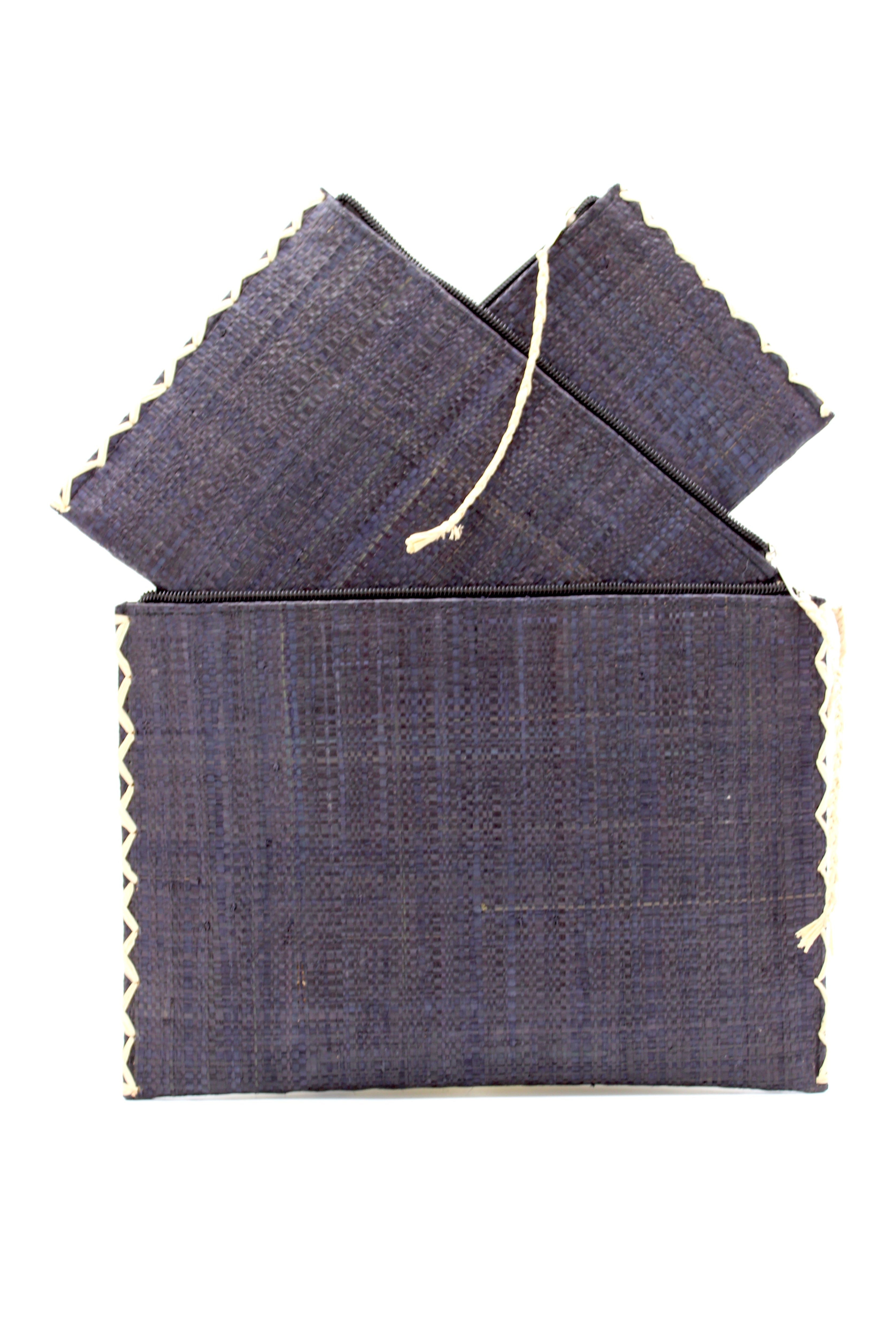 Amelia Set of 3 Black Nesting Zippered Straw Clutches Solid Colors handmade loomed raffia in a solid hue with matching zipper and braided zipper pull with cross stitch edging in three sizes of small, medium, and large - Shebobo