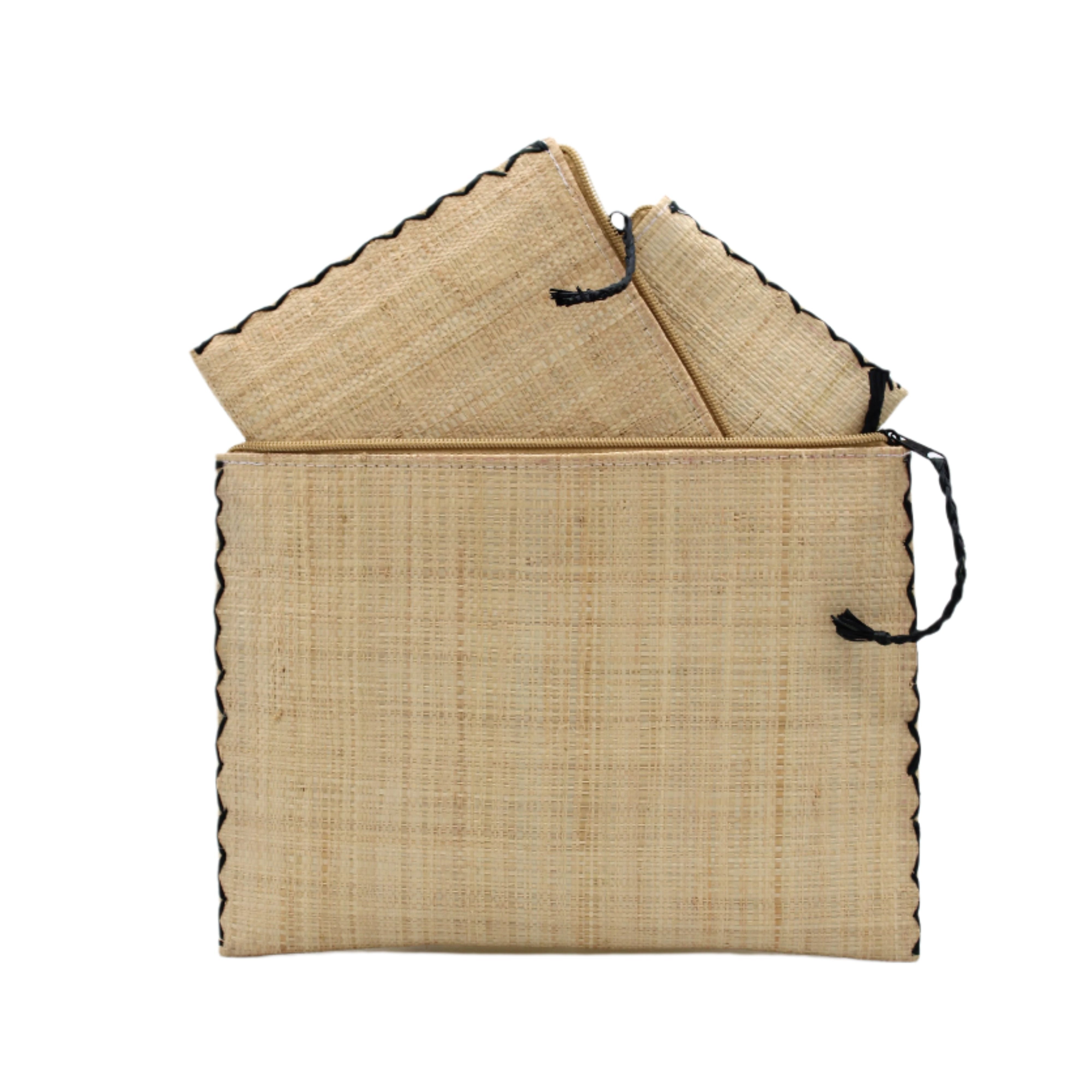 Amelia Set of 3 Natural straw color Nesting Zippered Straw Clutches Solid Colors handmade loomed raffia in a solid hue with matching zipper and braided zipper pull with cross stitch edging in three sizes of small, medium, and large - Shebobo