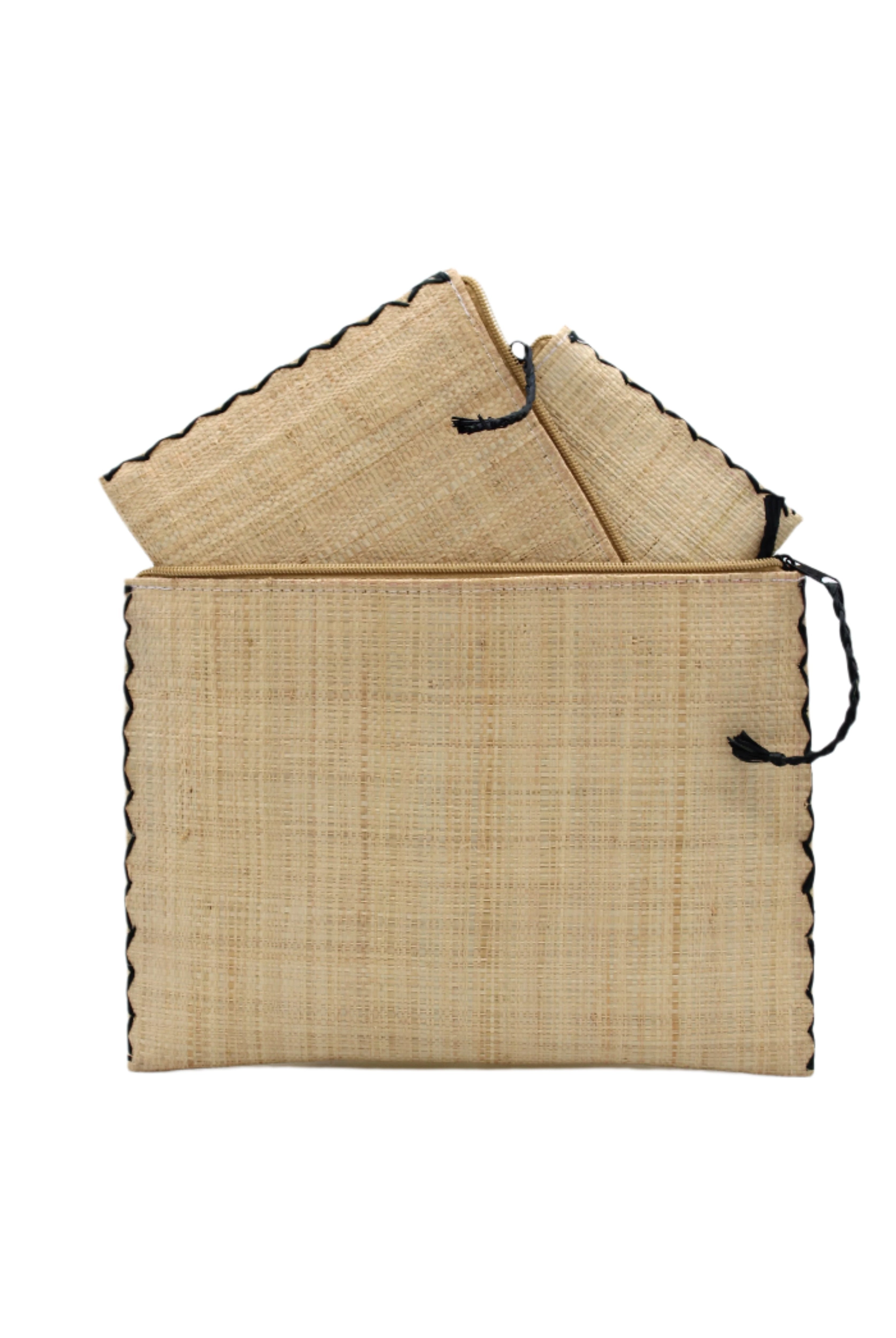 Amelia Set of 3 Natural straw color Nesting Zippered Straw Clutches Solid Colors handmade loomed raffia in a solid hue with matching zipper and braided zipper pull with cross stitch edging in three sizes of small, medium, and large - Shebobo