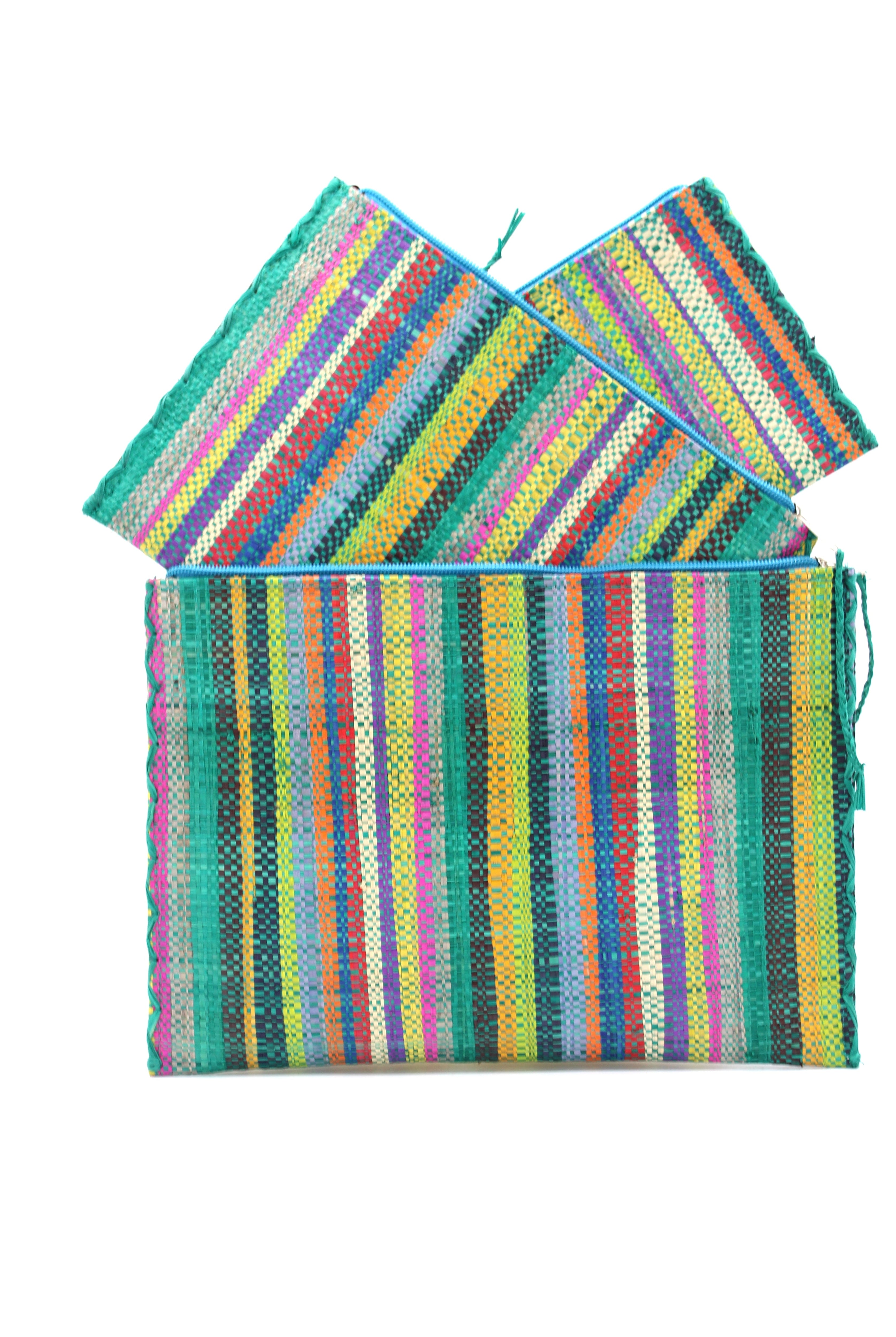 Amelia Set of 3 Nesting Zippered Straw Clutches Turquoise Stripe Multicolor Stripe Pattern handmade loomed raffia in multiple widths of vertical stripes in natural, orange, turquoise, saffron, seafoam, red, fuchsia pink, etc. with matching turquoise zipper and braided zipper pull with cross stitch edging in three sizes of small, medium, and large - Shebobo